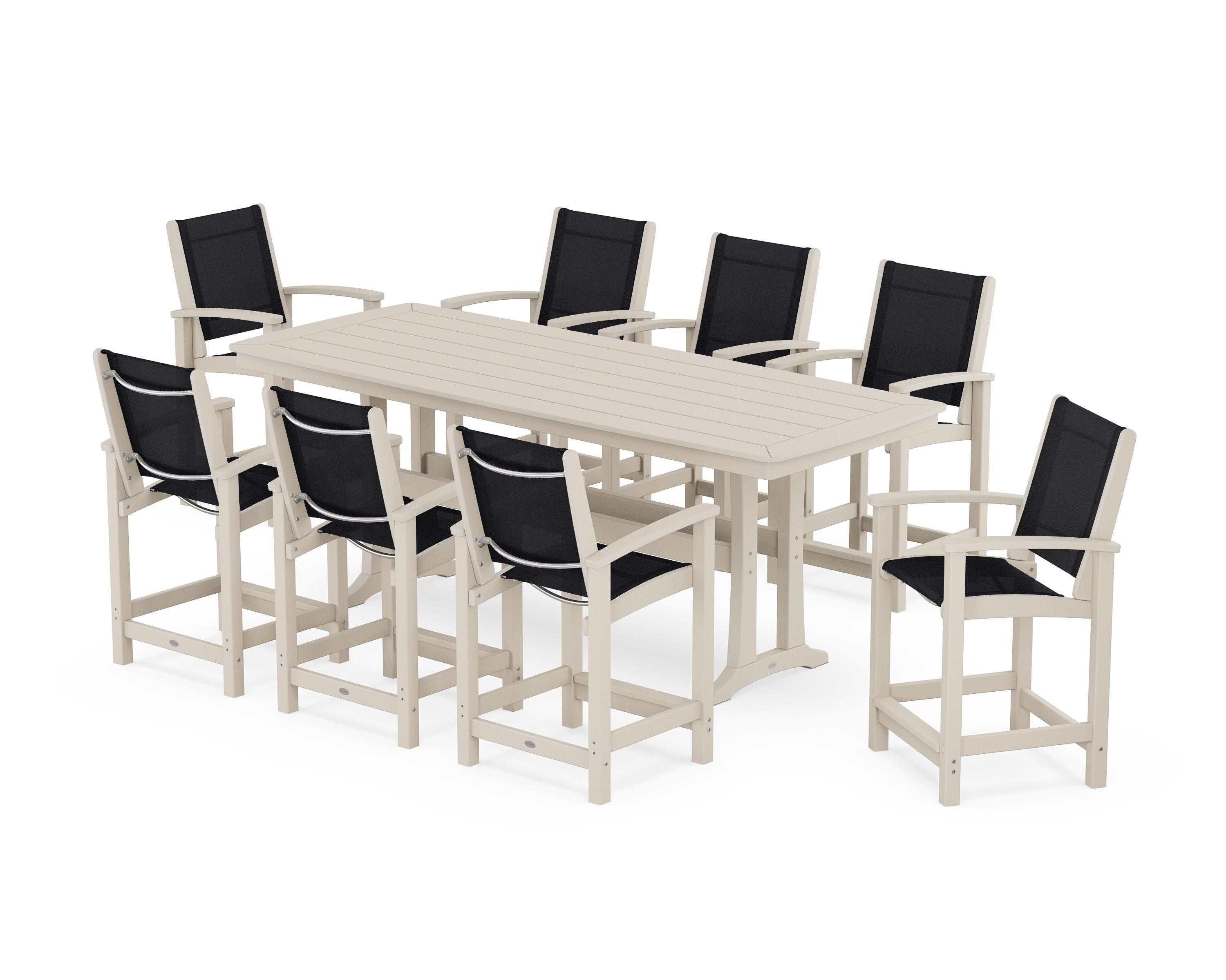 POLYWOOD Coastal 9-Piece Counter Set with Trestle Legs in Sand / Black Sling