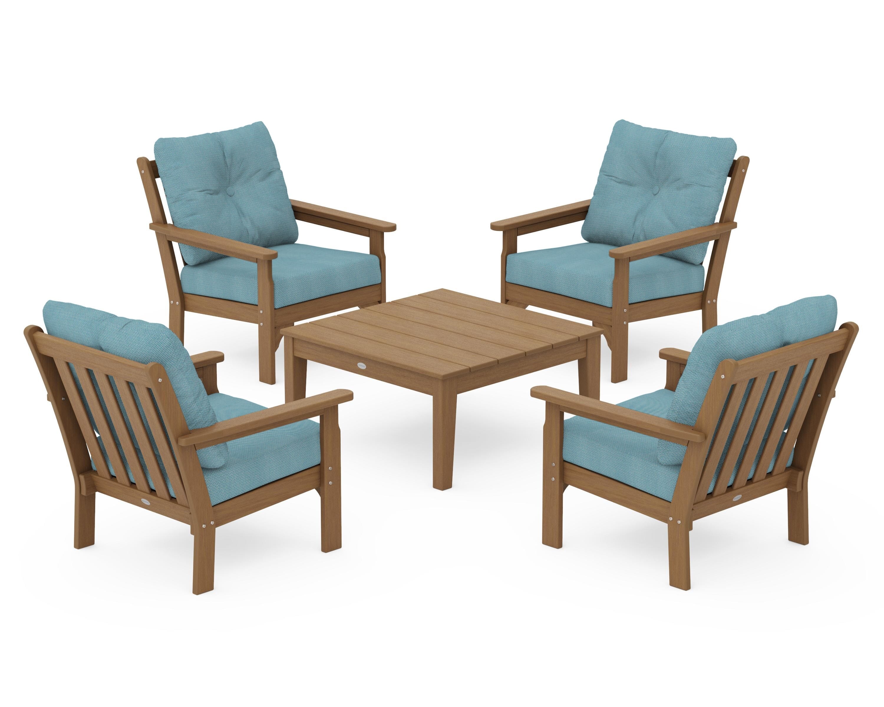 POLYWOOD Vineyard 5-Piece Deep Seating Conversation Set in Natural / Lattice Sky Blue