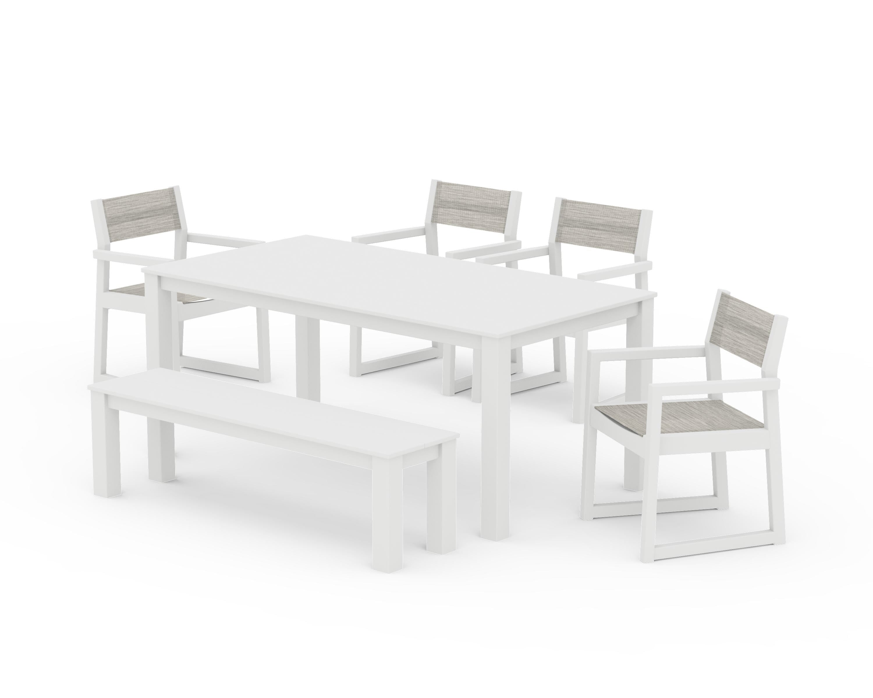 POLYWOOD EDGE Sling Arm Chair 6-Piece Parsons Dining Set with Bench in White / Birch Sling