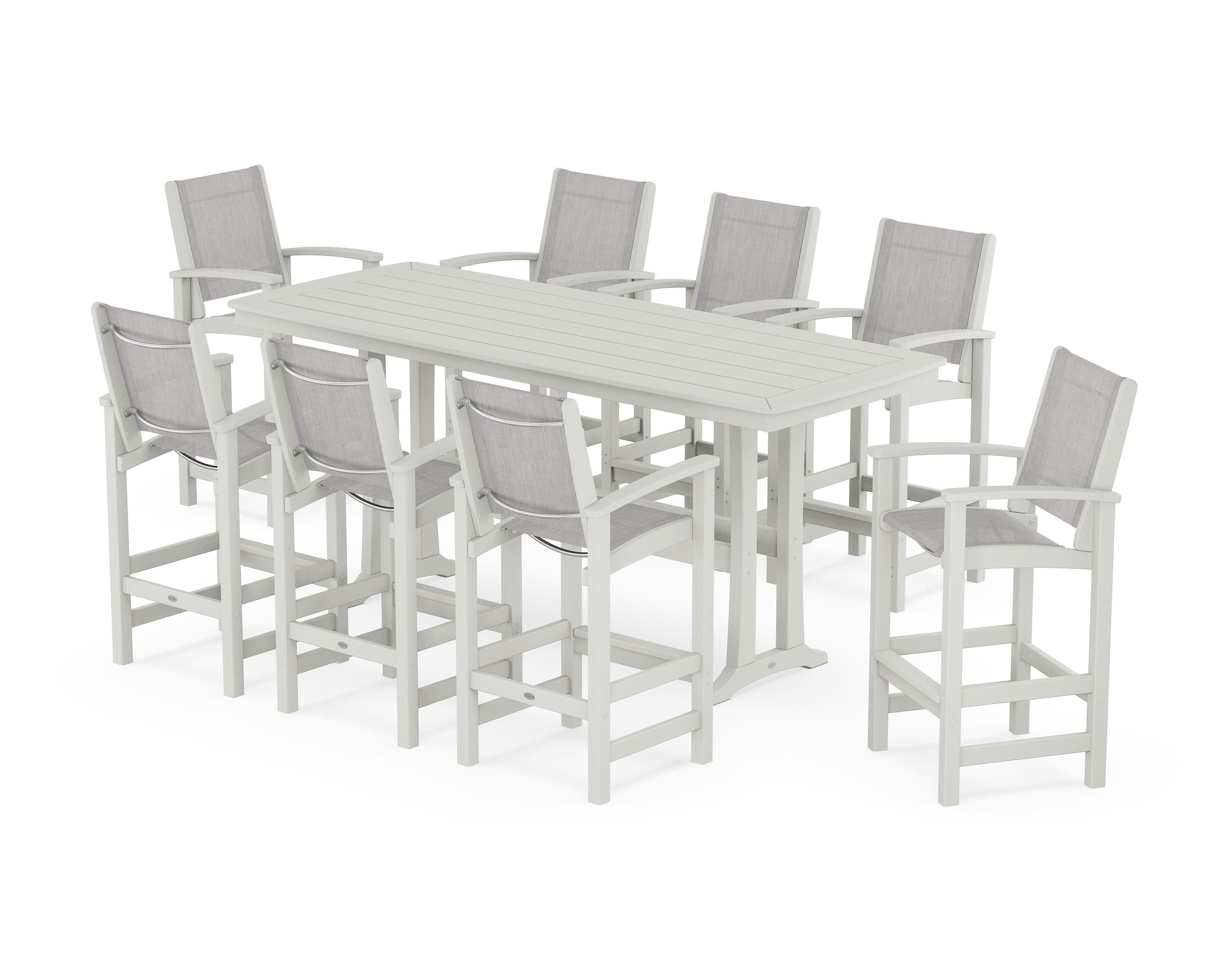 POLYWOOD Coastal 9-Piece Bar Set with Trestle Legs in Vintage White / Parchment Sling