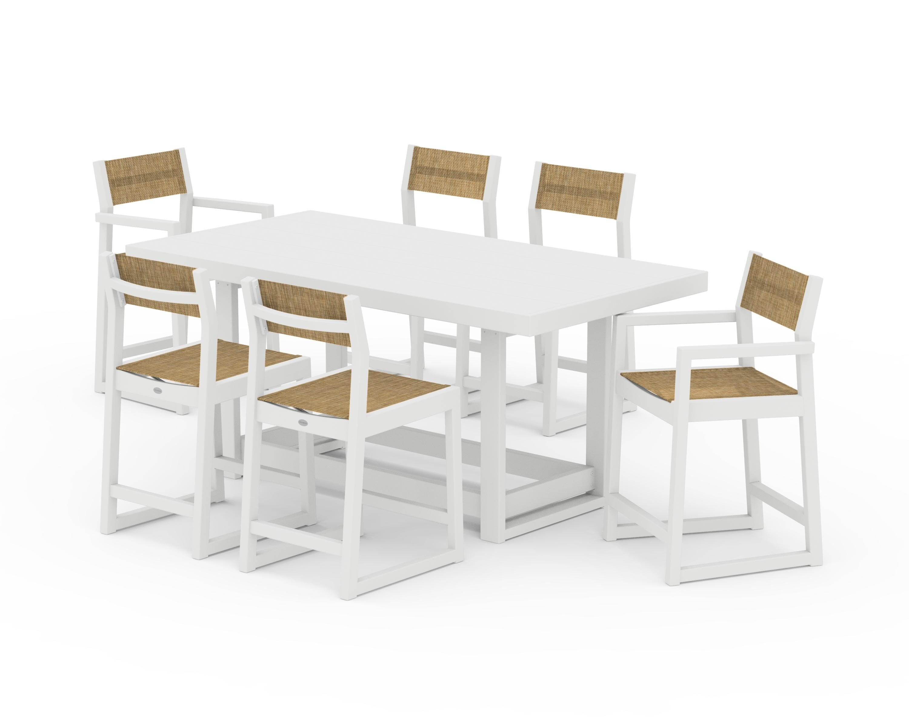 POLYWOOD EDGE Sling 7-Piece Counter Table Set in White / Burlap Sling