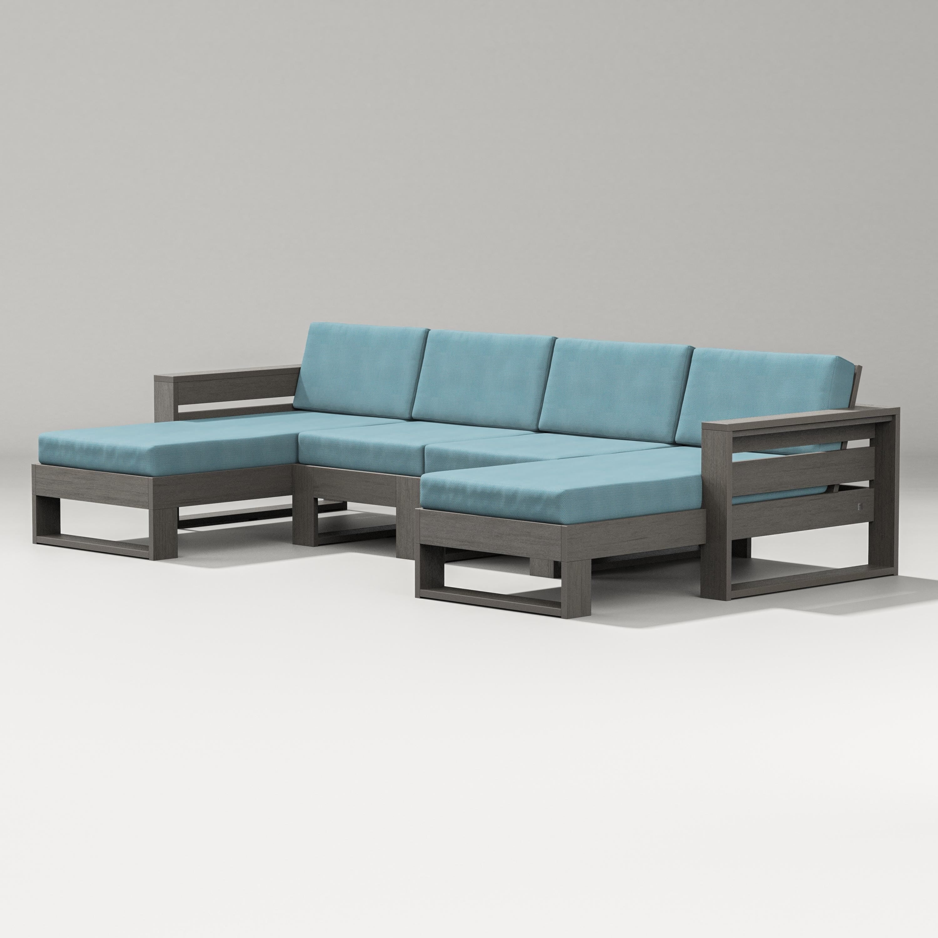 PW Designer Series Latitude Double Chaise Sectional in Driftwood / Lattice Sky Blue