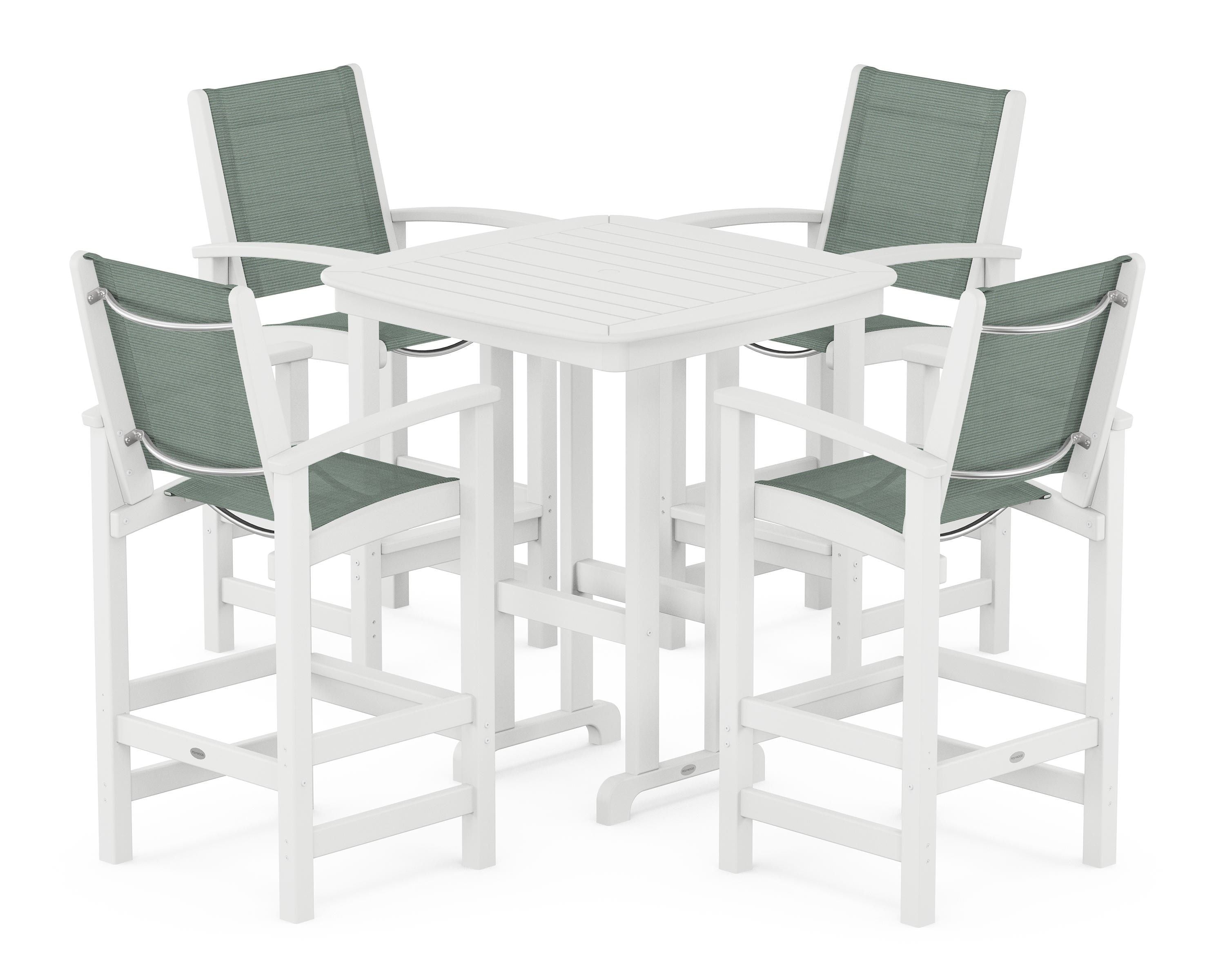 POLYWOOD Coastal 5-Piece Bar Set in White / Dupioni Sea Mist Sling