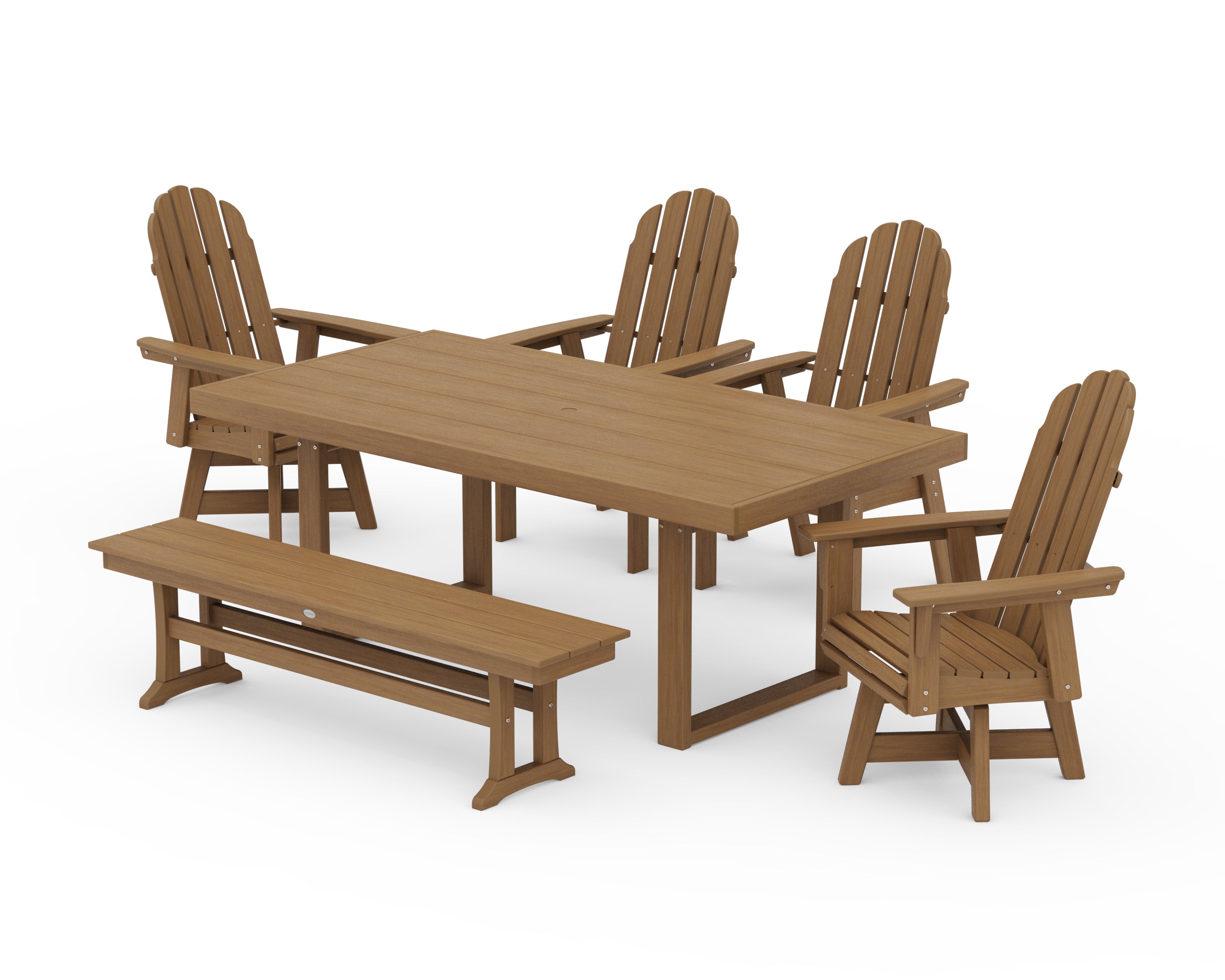 POLYWOOD Vineyard Curveback Adirondack Swivel Chair 6-Piece Dining Set with Bench in Natural
