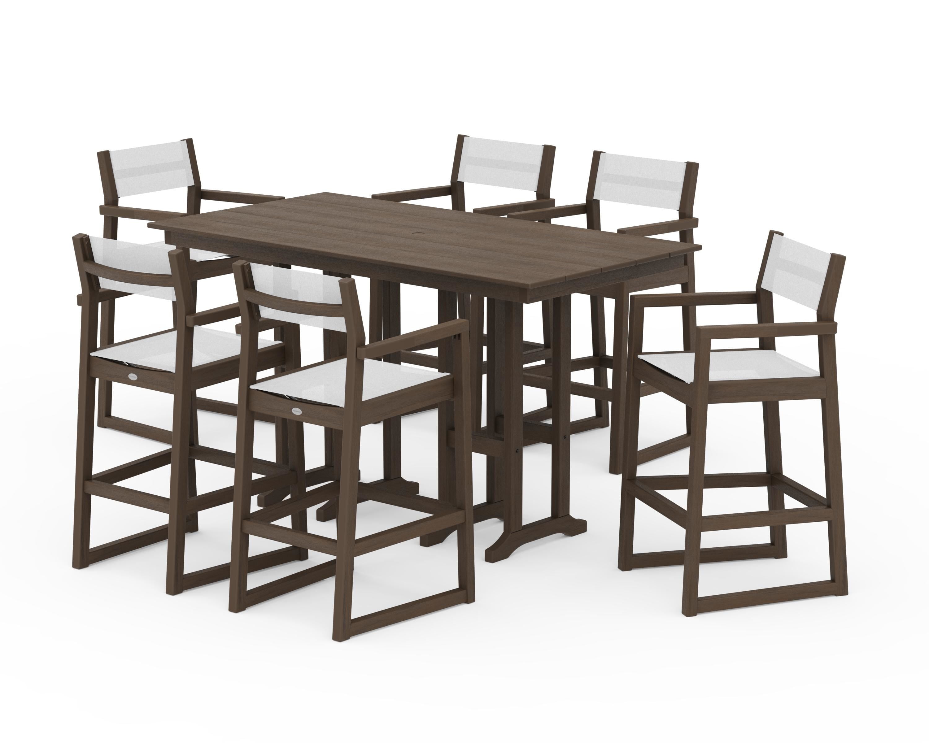 POLYWOOD EDGE Sling Arm Chair 7-Piece Farmhouse Bar Set in Kona / White Sling
