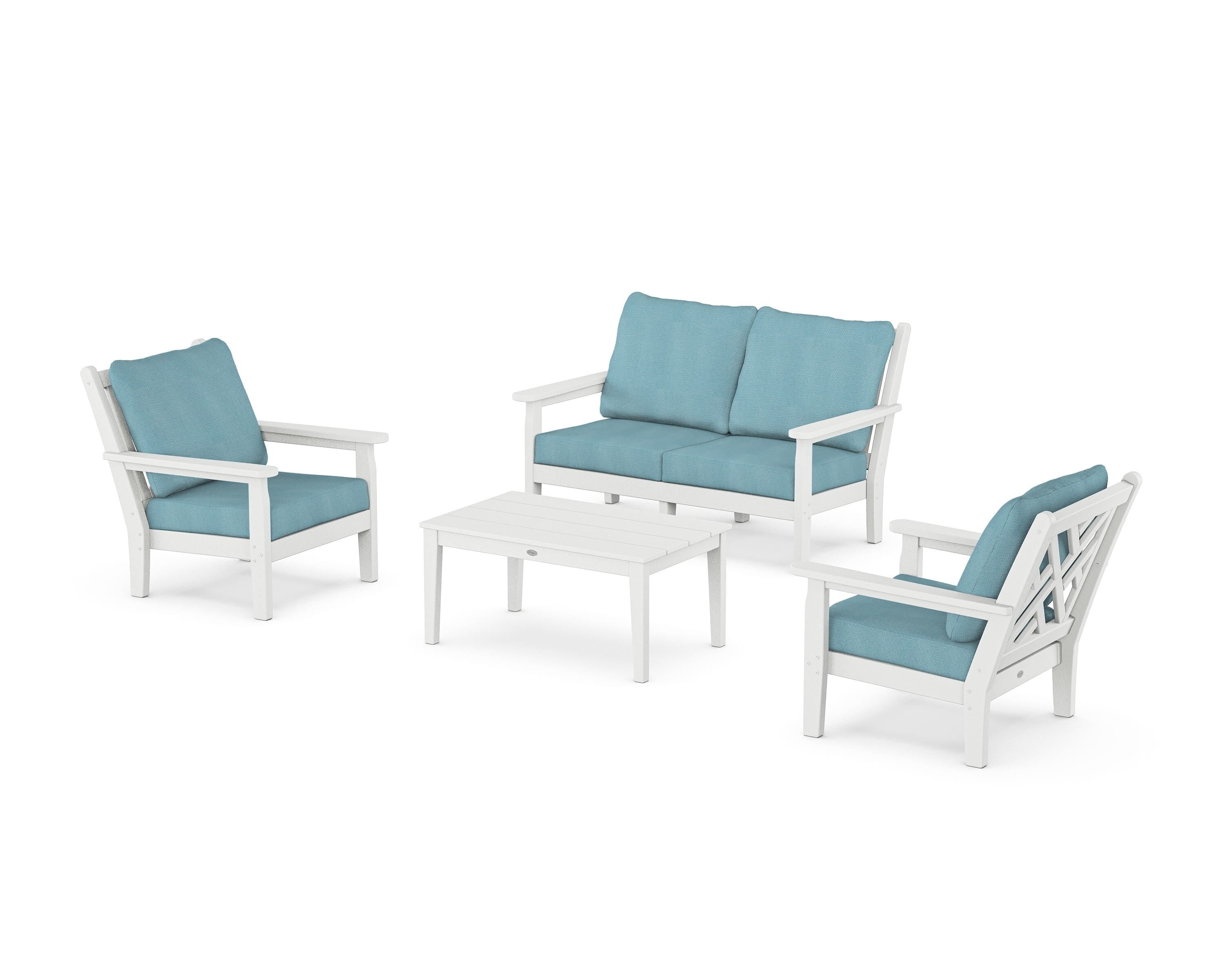 POLYWOOD Chippendale 4-Piece Deep Seating Set with Loveseat in White / Lattice Sky Blue