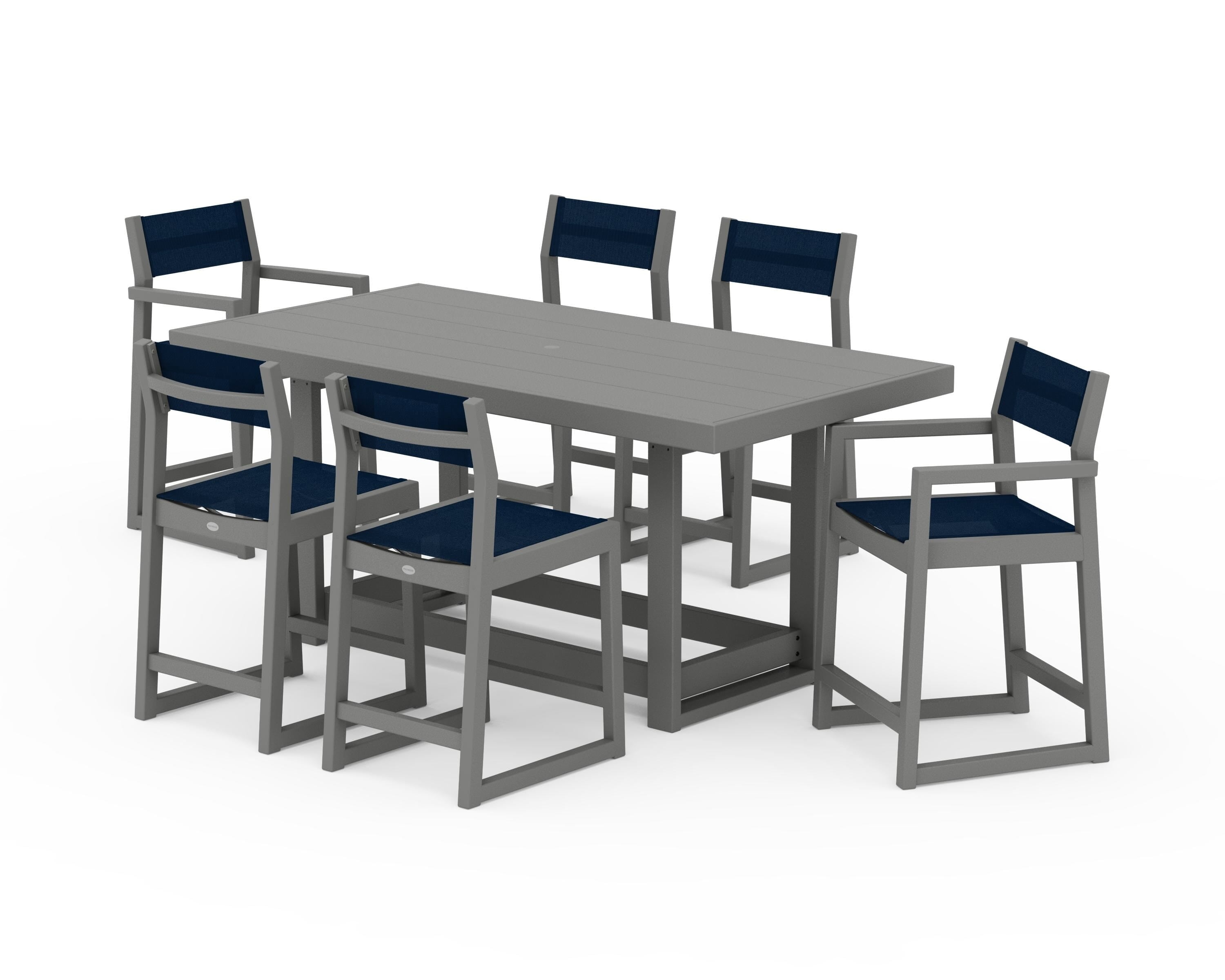 POLYWOOD EDGE Sling 7-Piece Counter Table Set in Slate Grey / Navy Blue Sling