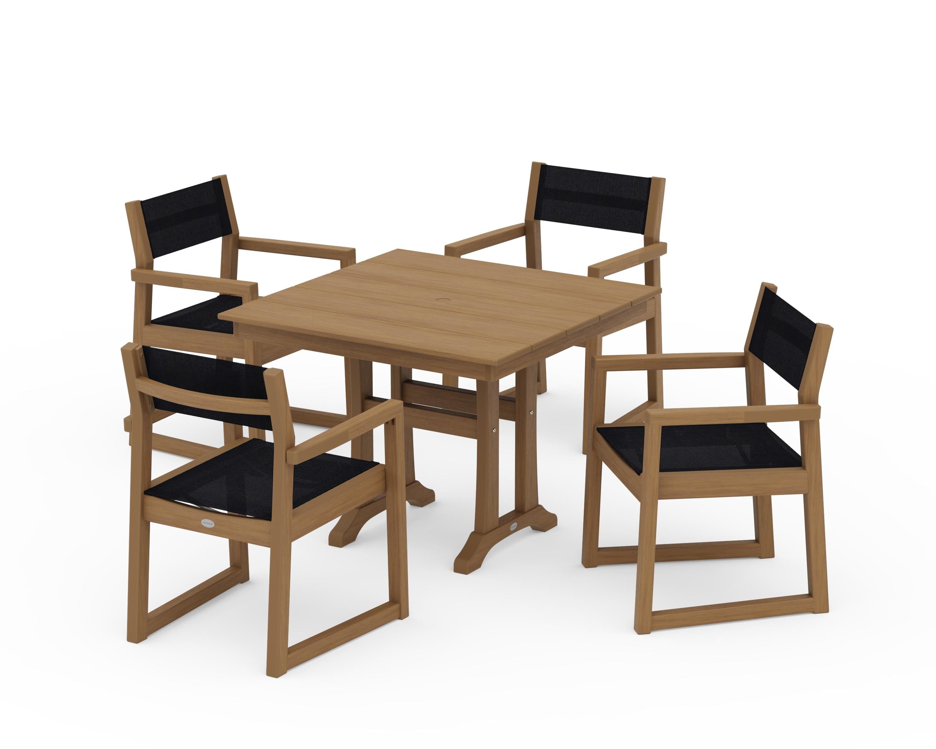 POLYWOOD EDGE Sling 5-Piece Farmhouse Dining Set with Trestle Legs in Natural / Black Sling