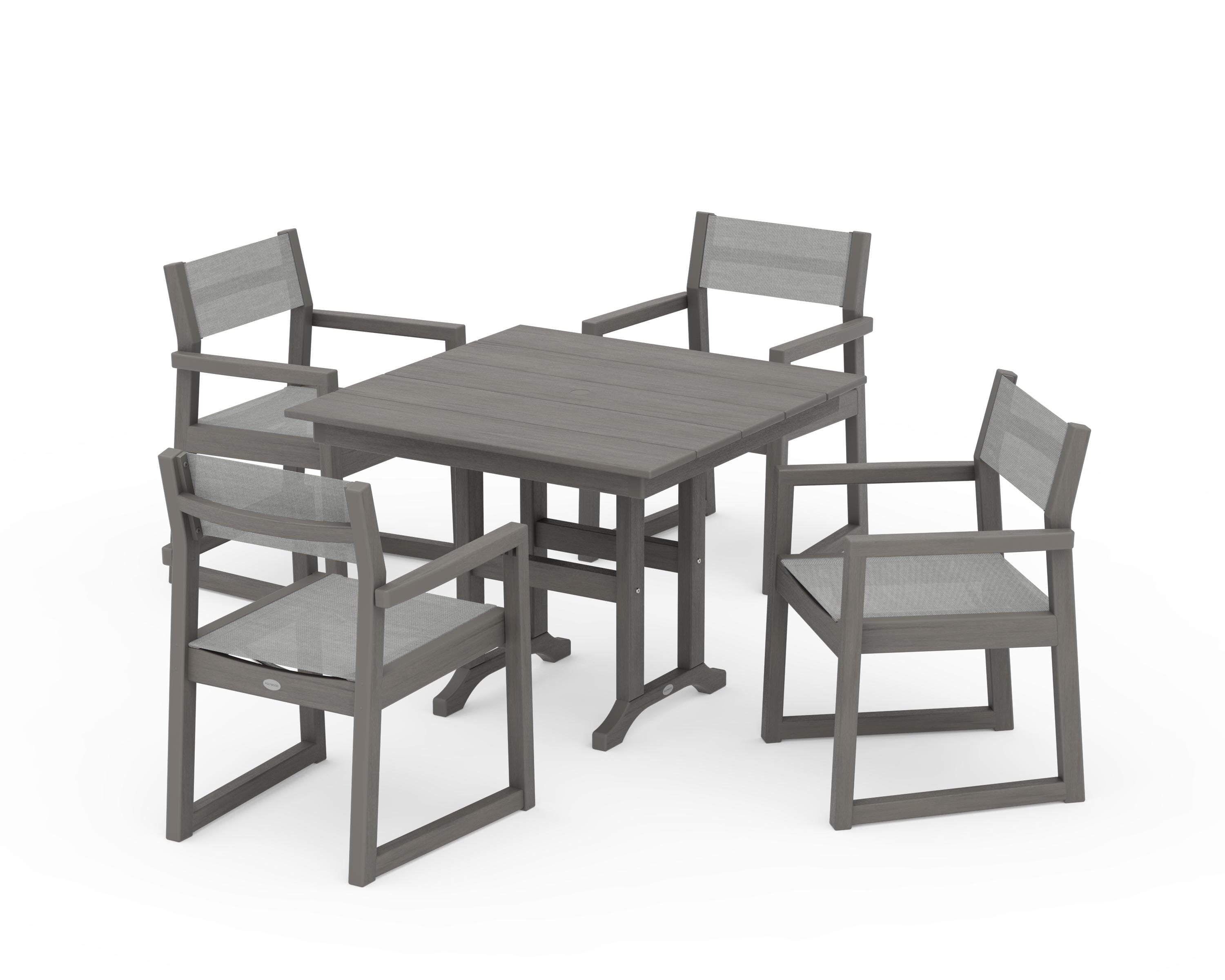 POLYWOOD EDGE Sling Arm Chair 5-Piece Farmhouse Dining Set in Driftwood / Metallic Sling