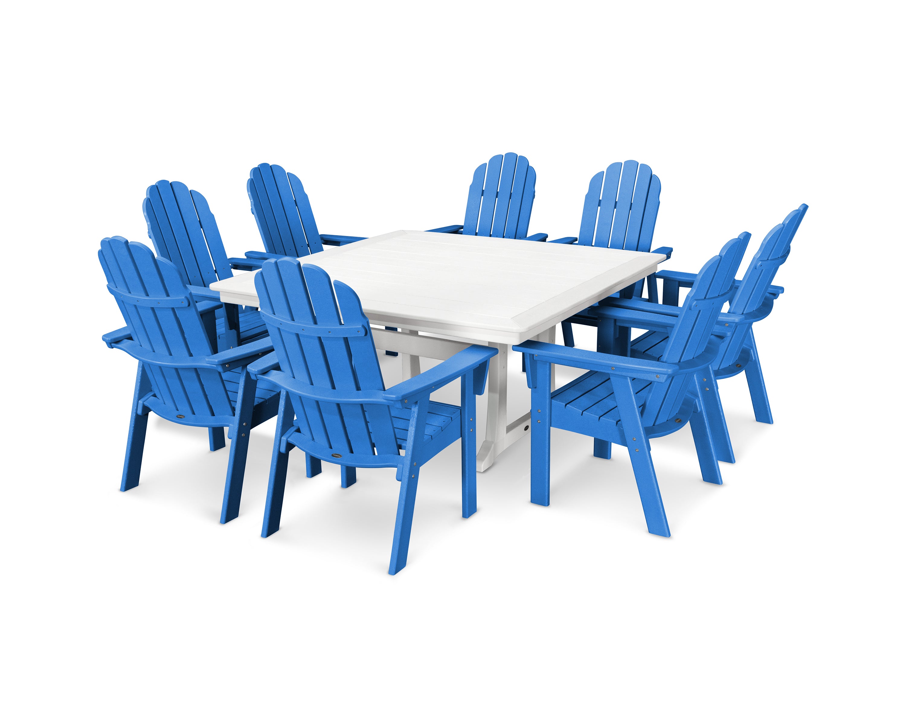 POLYWOOD® Vineyard Curveback Adirondack 9-Piece Nautical Trestle Dining Set in Pacific Blue / White