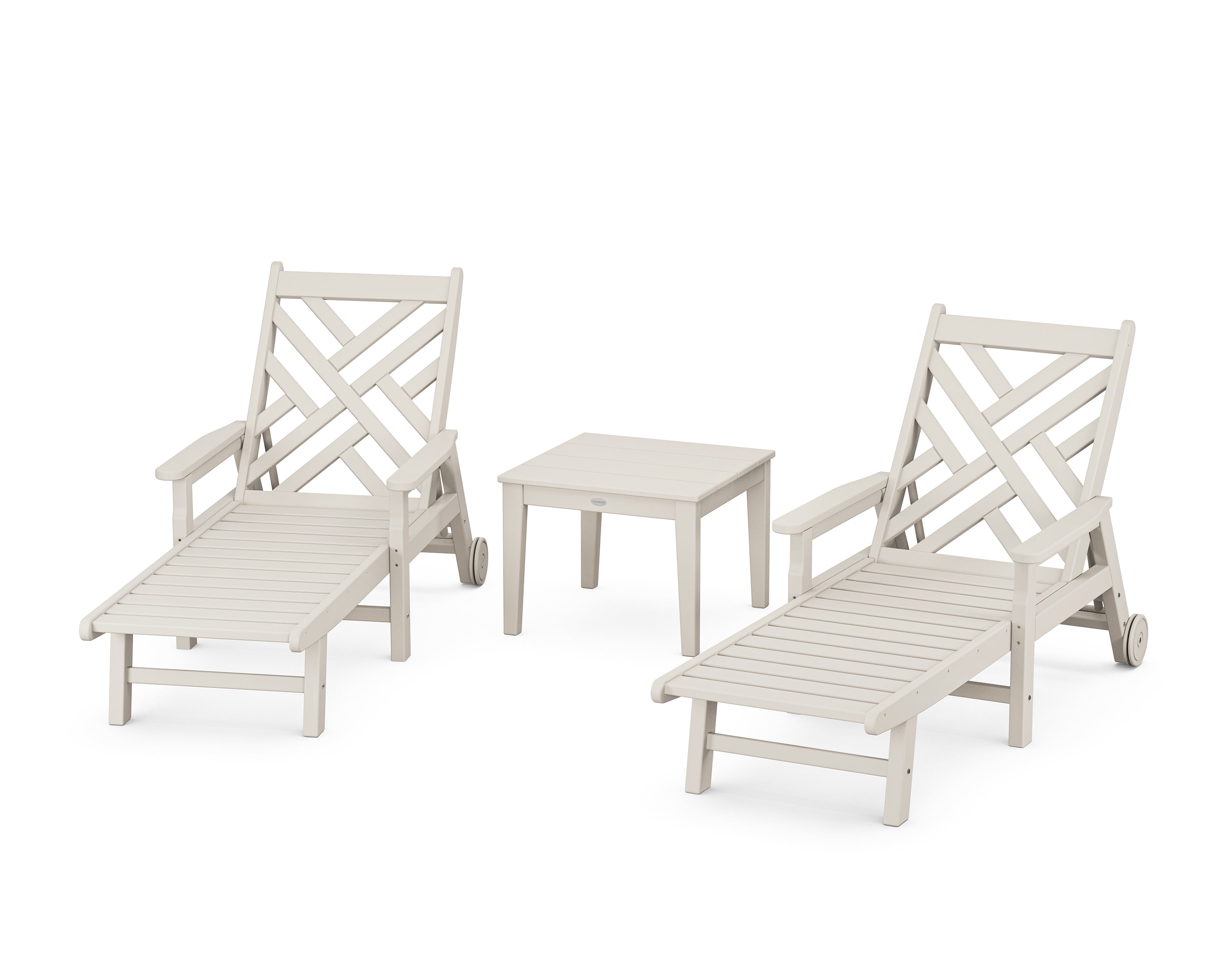 POLYWOOD Chippendale 3-Piece Chaise Set with Arms and Wheels in Sand