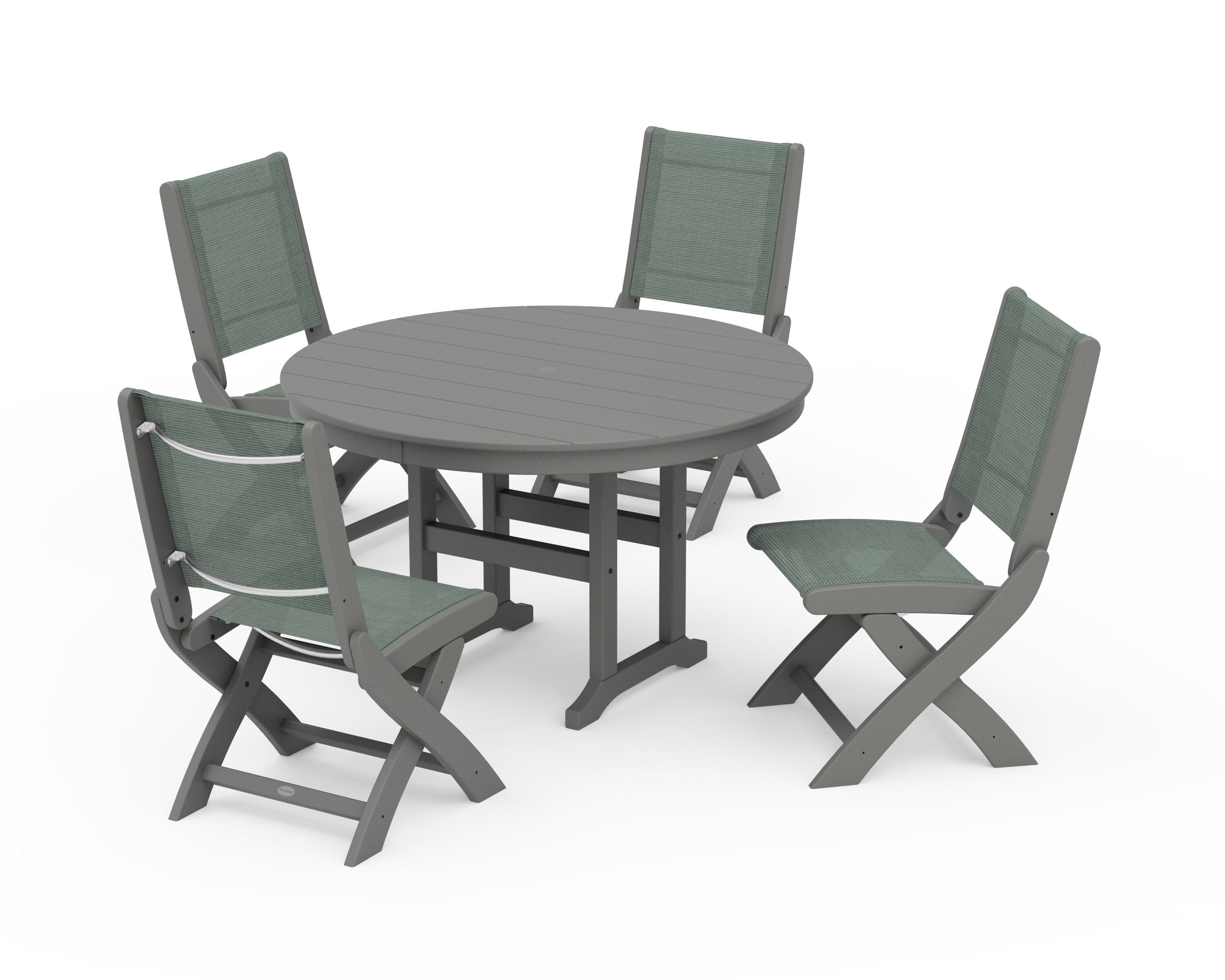 POLYWOOD Coastal Folding Side Chair 5-Piece Round Dining Set in Slate Grey / Dupioni Sea Mist Sling