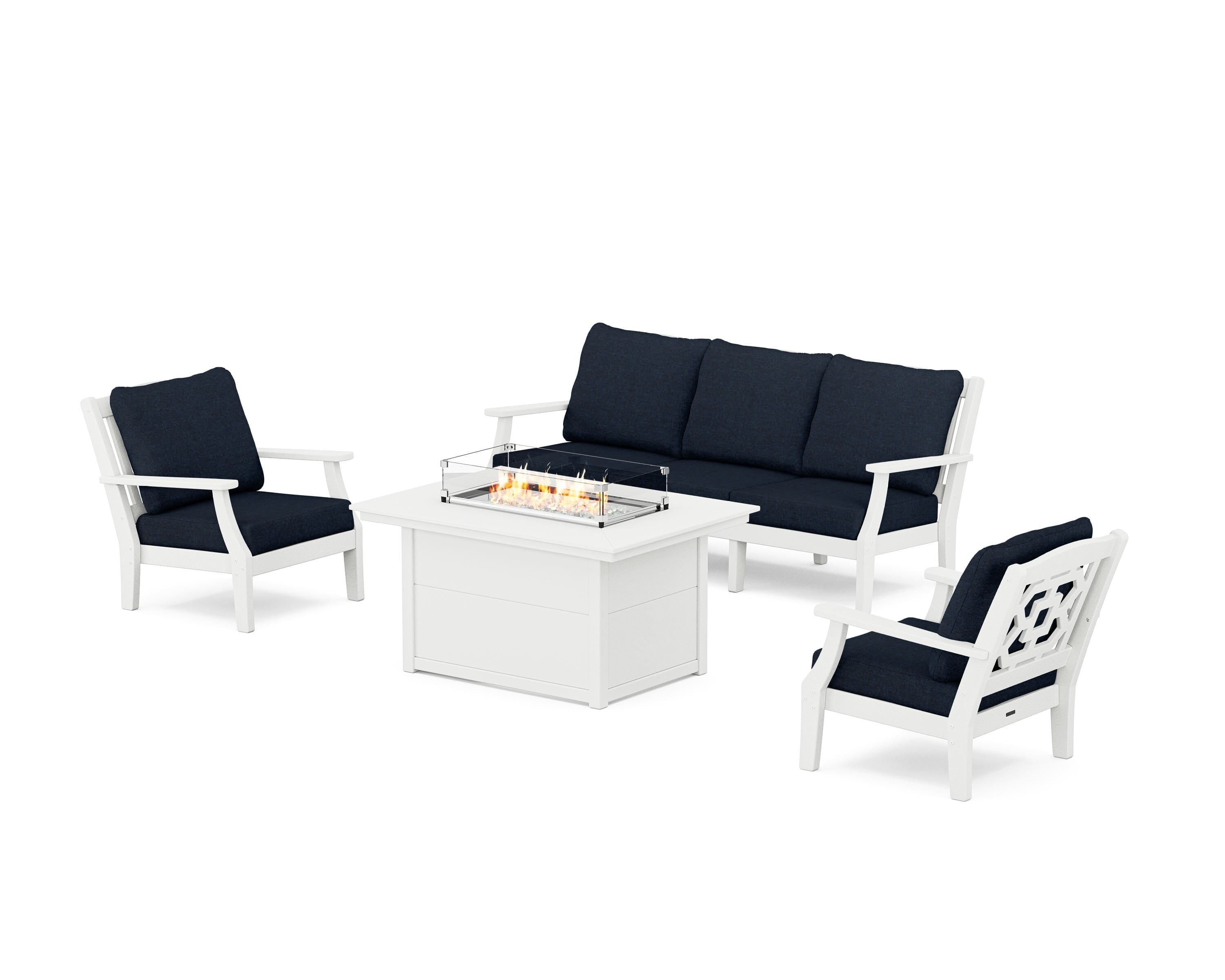 Martha Stewart by POLYWOOD Chinoiserie Deep Seating Fire Pit Table Set in White / Marine Indigo