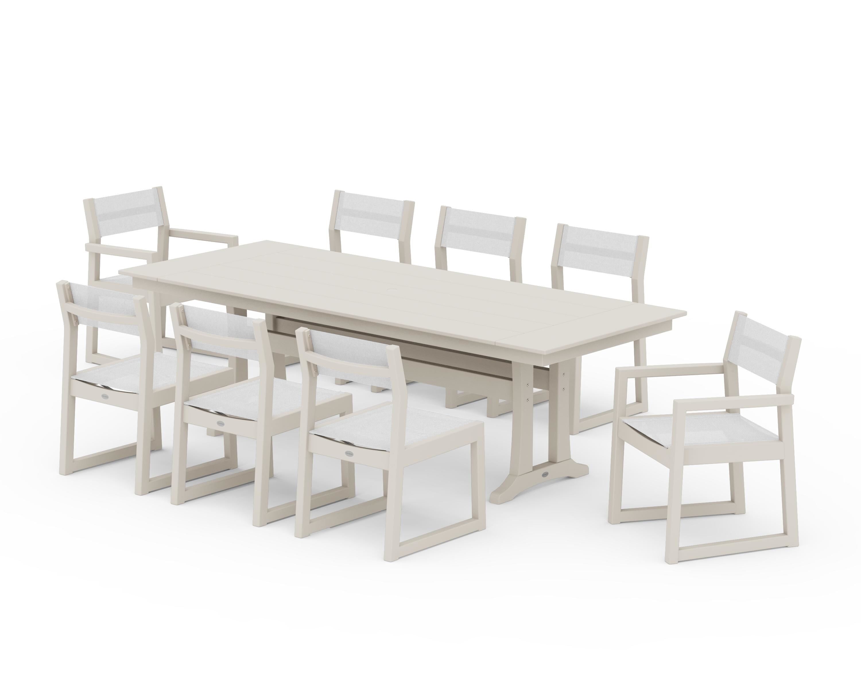 POLYWOOD EDGE Sling 9-Piece Farmhouse Trestle Dining Set in Sand / White Sling