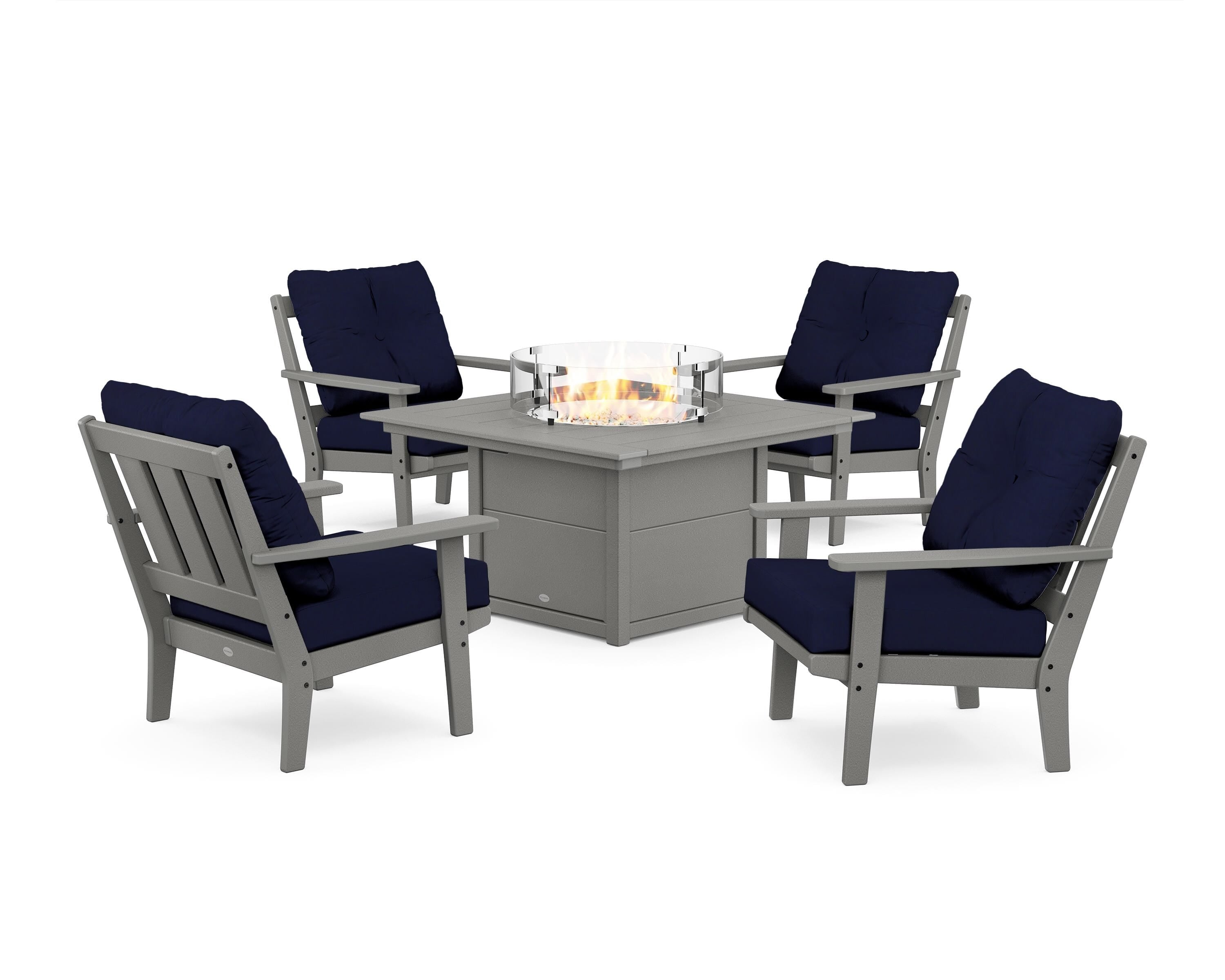 POLYWOOD Oxford 5-Piece Deep Seating Set with Fire Pit Table in Slate Grey / Navy