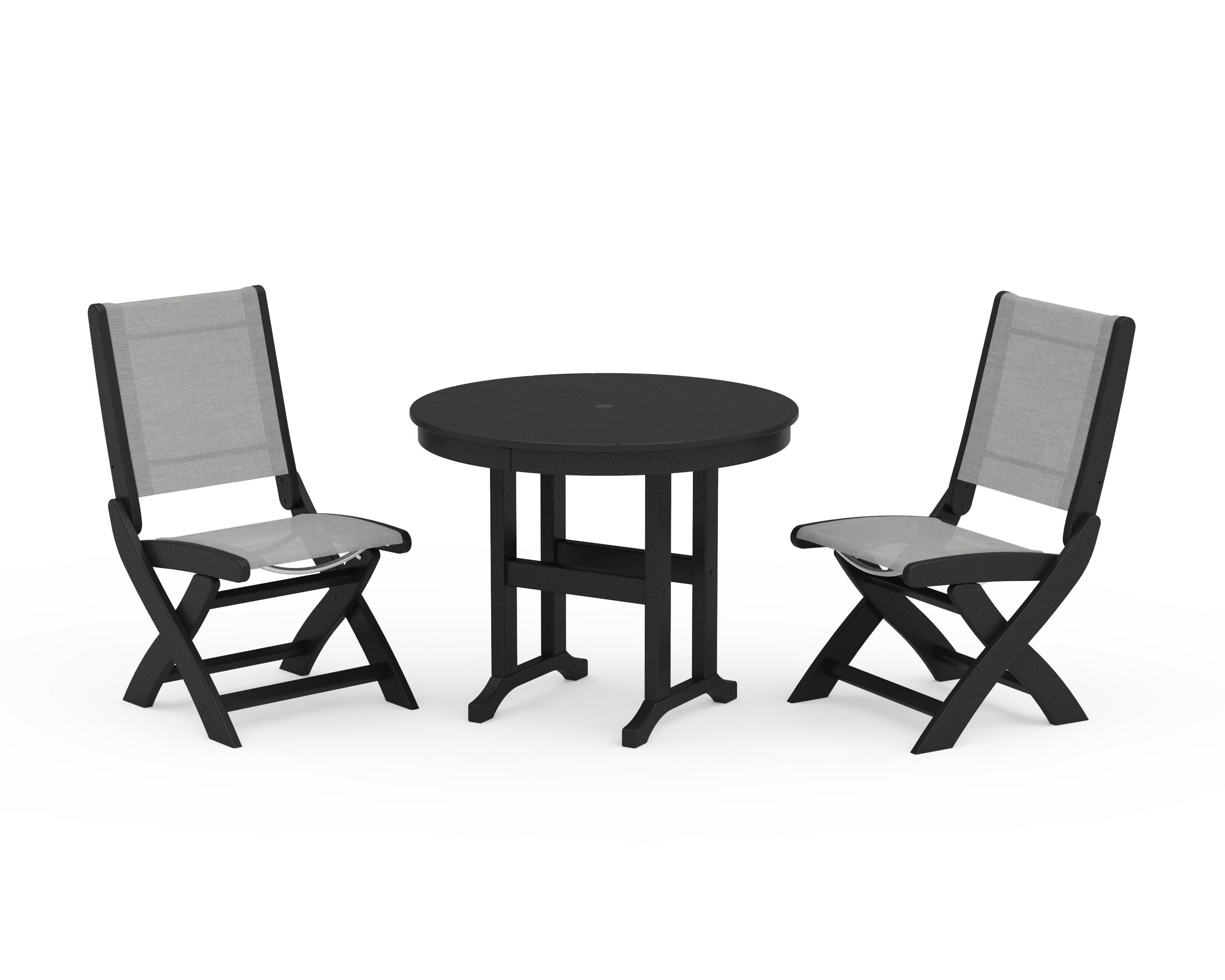 POLYWOOD Coastal Folding Side Chair 3-Piece Round Dining Set in Black / Metallic Sling