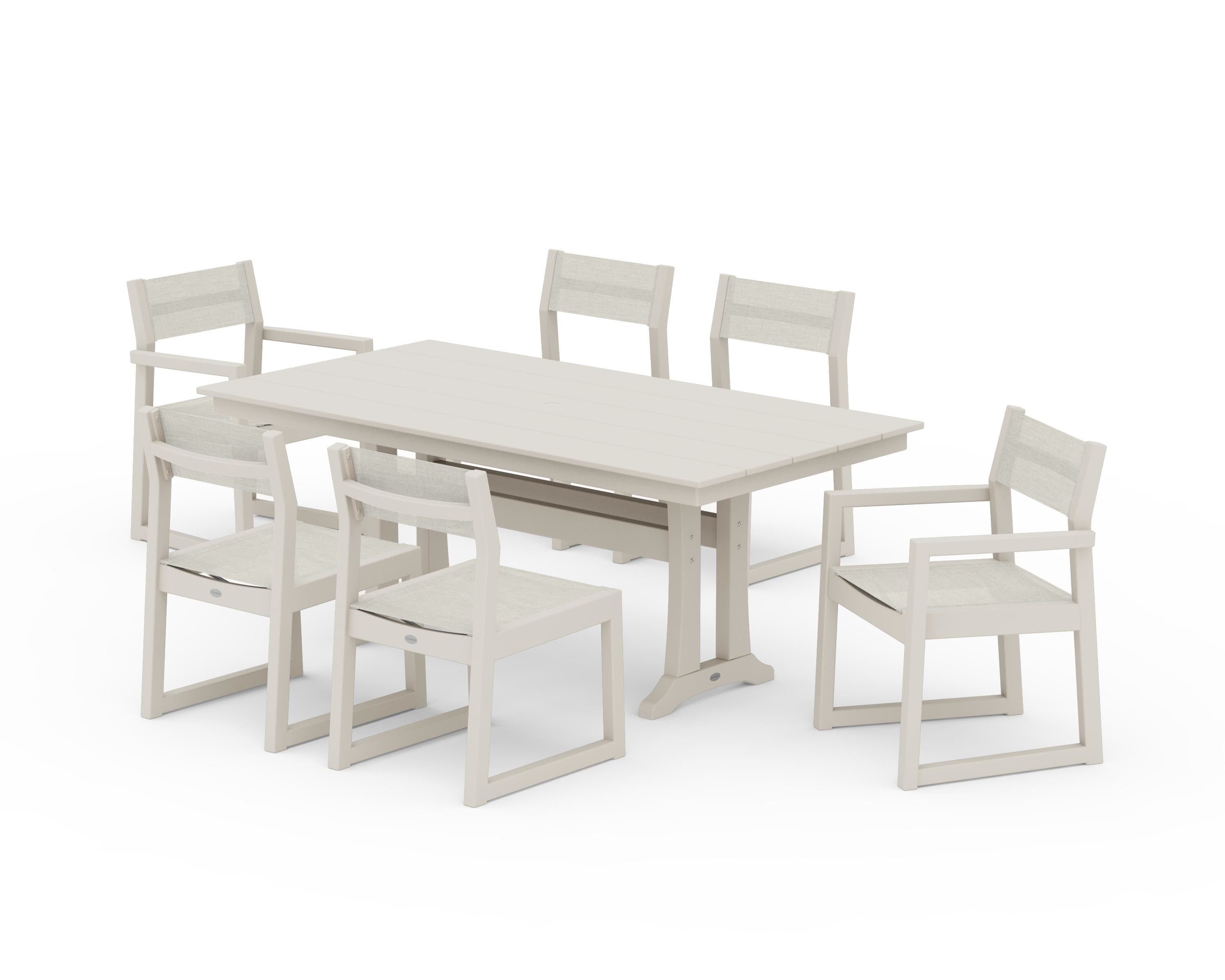 POLYWOOD EDGE Sling 7-Piece Farmhouse Trestle Dining Set in Sand / Parchment Sling