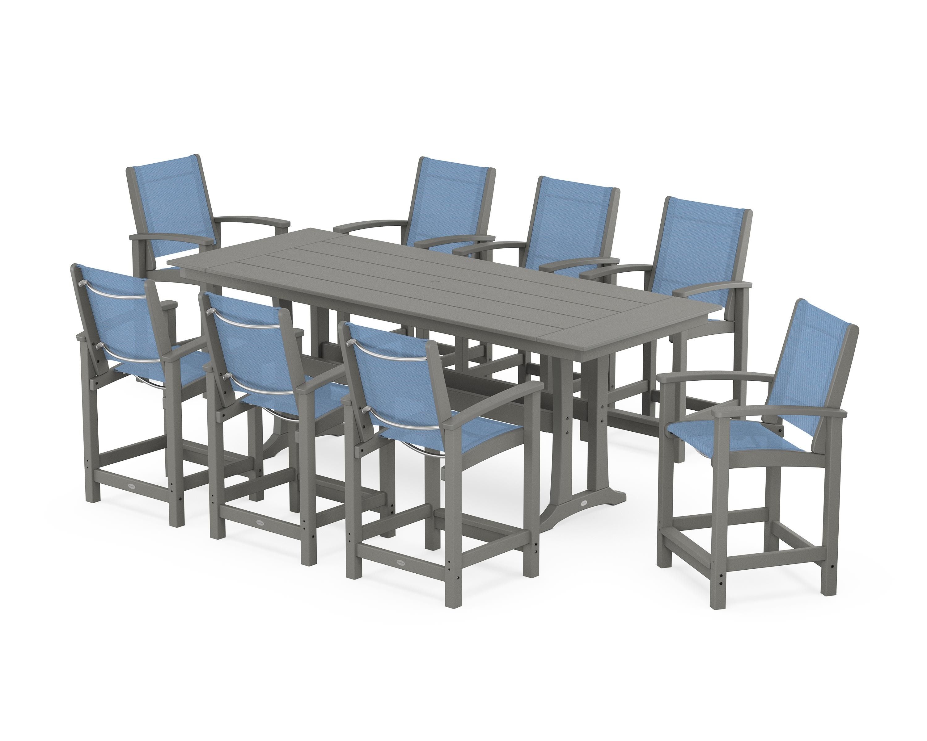 POLYWOOD Coastal 9-Piece Farmhouse Counter Set with Trestle Legs in Slate Grey / Poolside Sling