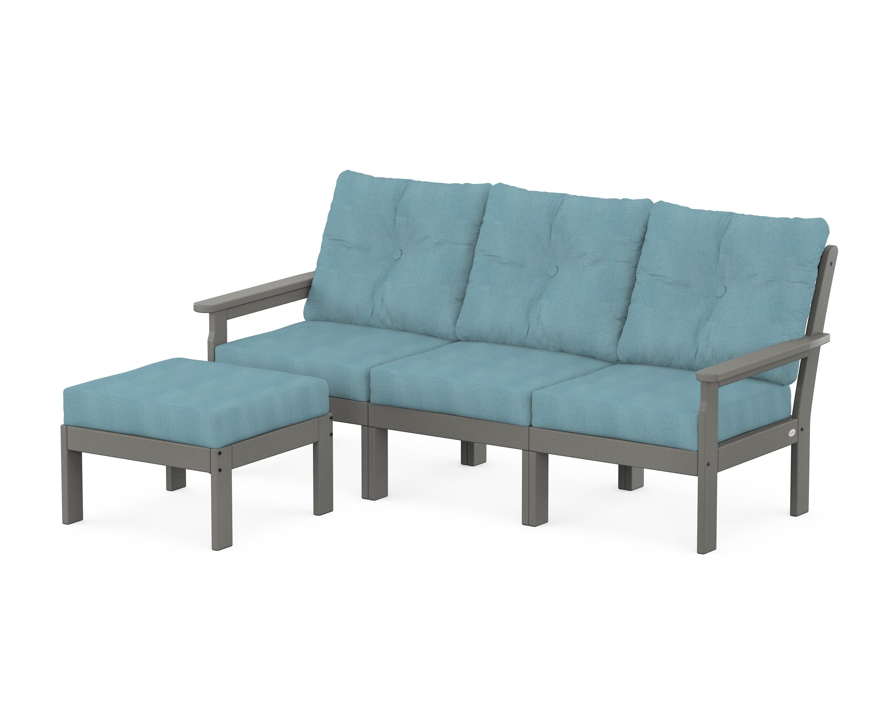 POLYWOOD Vineyard 4-Piece Sectional with Ottoman in Slate Grey / Lattice Sky Blue