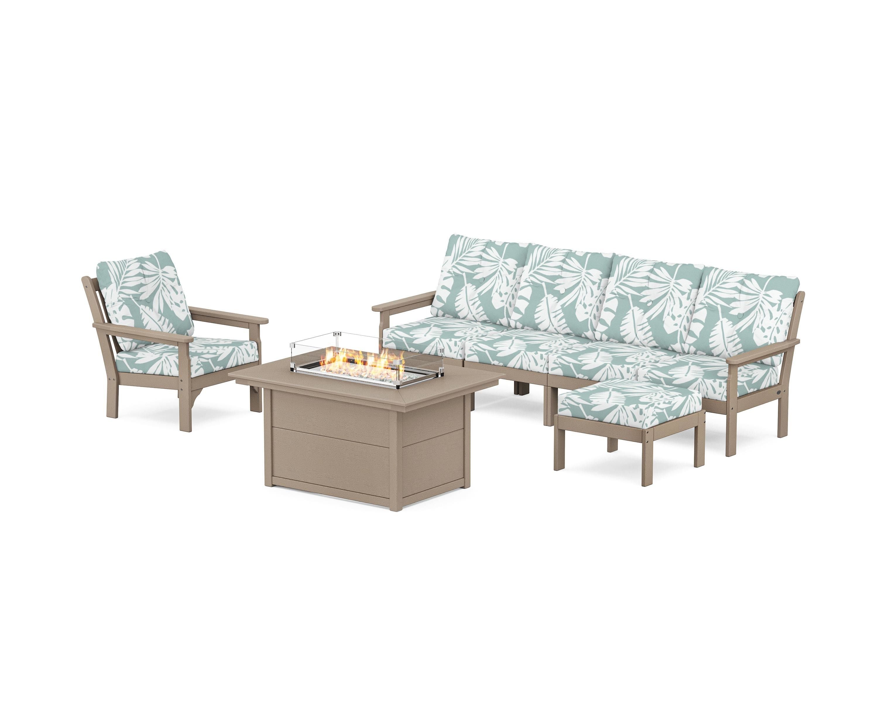 POLYWOOD Vineyard Sectional Lounge and Fire Pit Set in Vintage Sahara / Leaf Glacier Spa