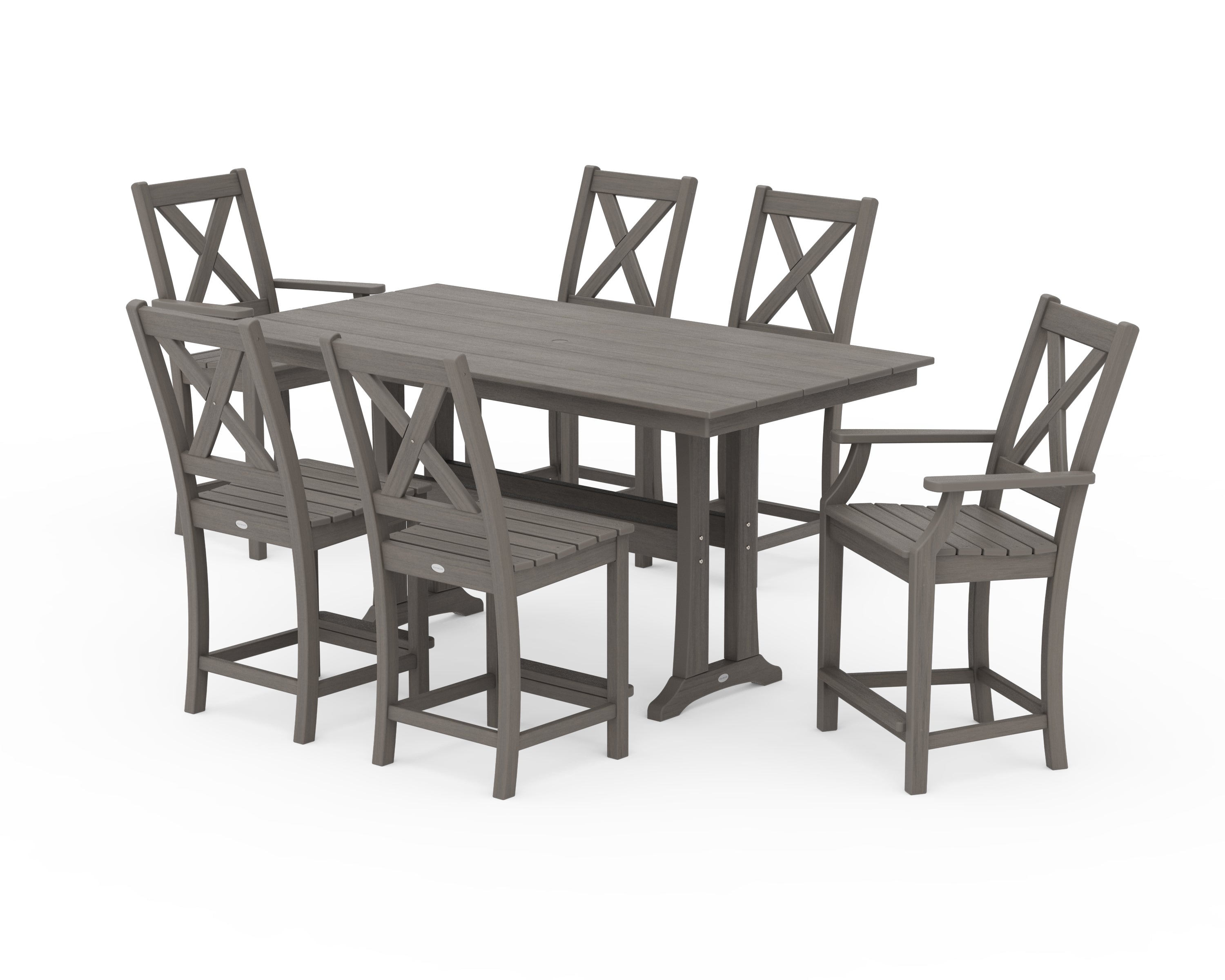 POLYWOOD Braxton 7-Piece Farmhouse Trestle Counter Set in Driftwood