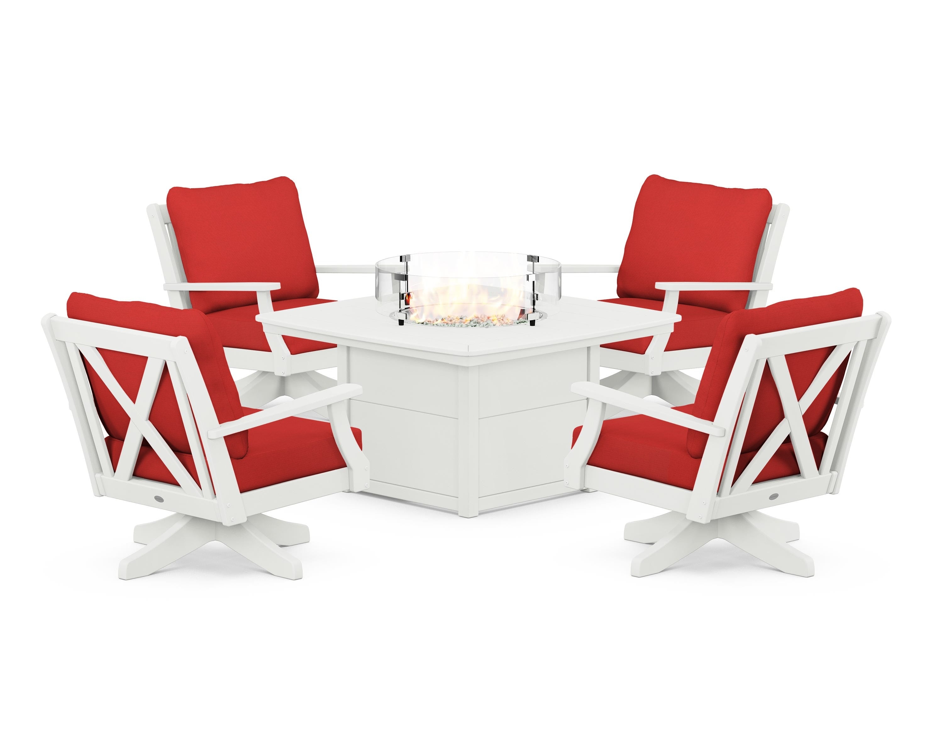 POLYWOOD Braxton 5-Piece Deep Seating Swivel Conversation Set with Fire Pit Table in Vintage White / Crimson Linen
