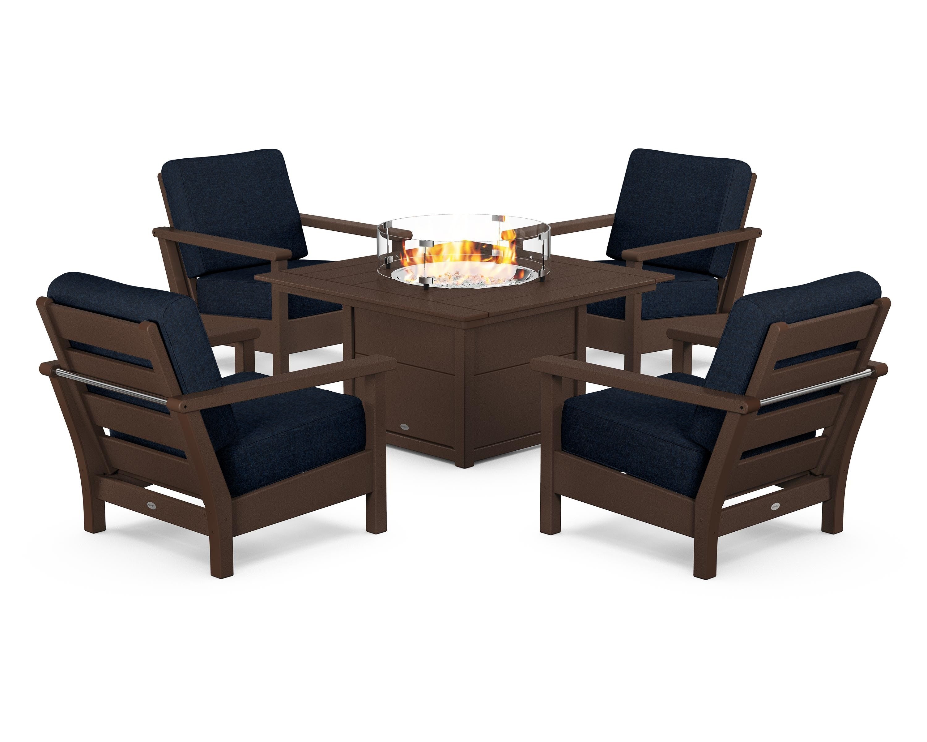 POLYWOOD Harbour 5-Piece Conversation Set with Fire Pit Table in Mahogany / Marine Indigo