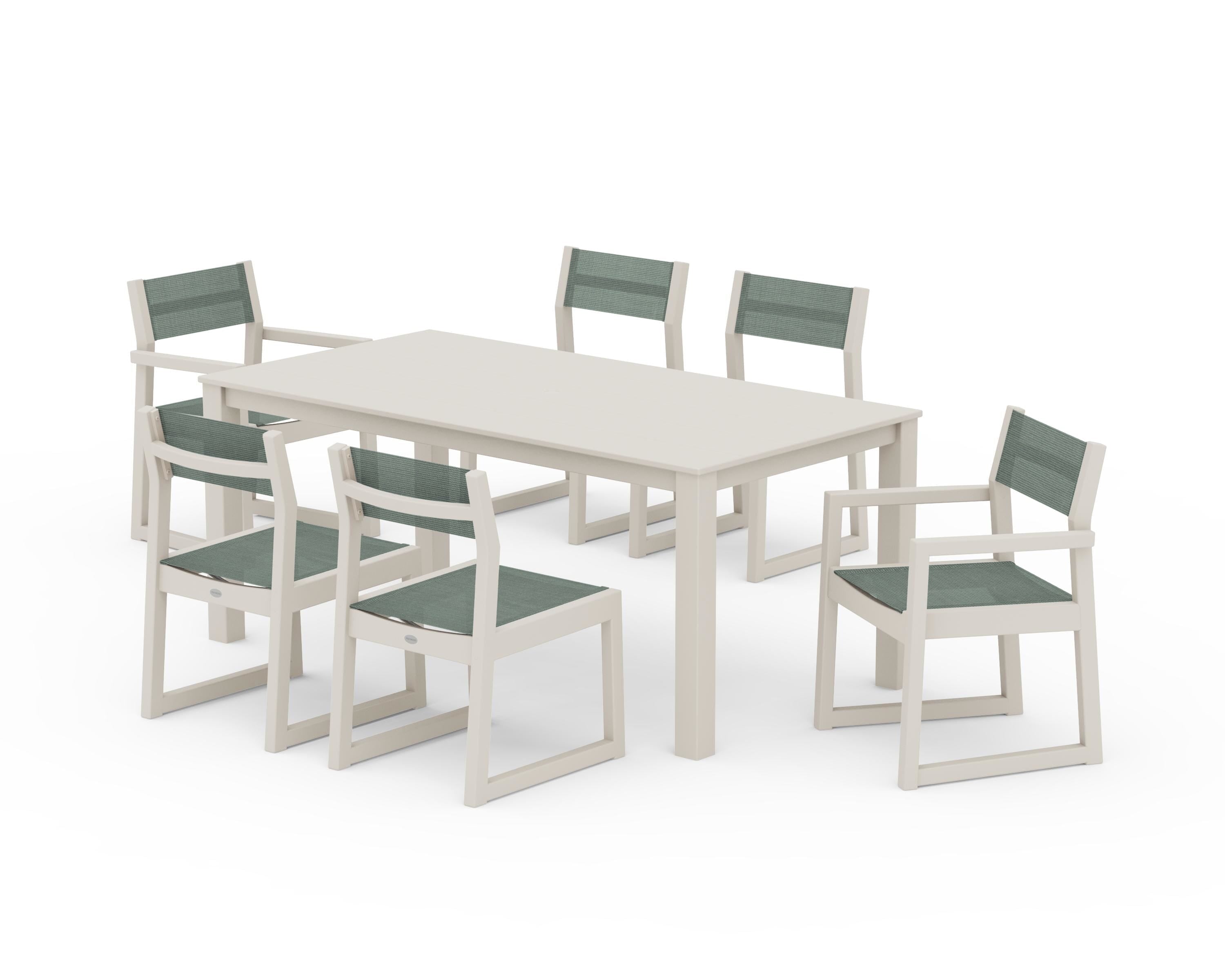 POLYWOOD EDGE Sling 7-Piece Parsons Dining Set in Sand / Dupioni Sea Mist Sling