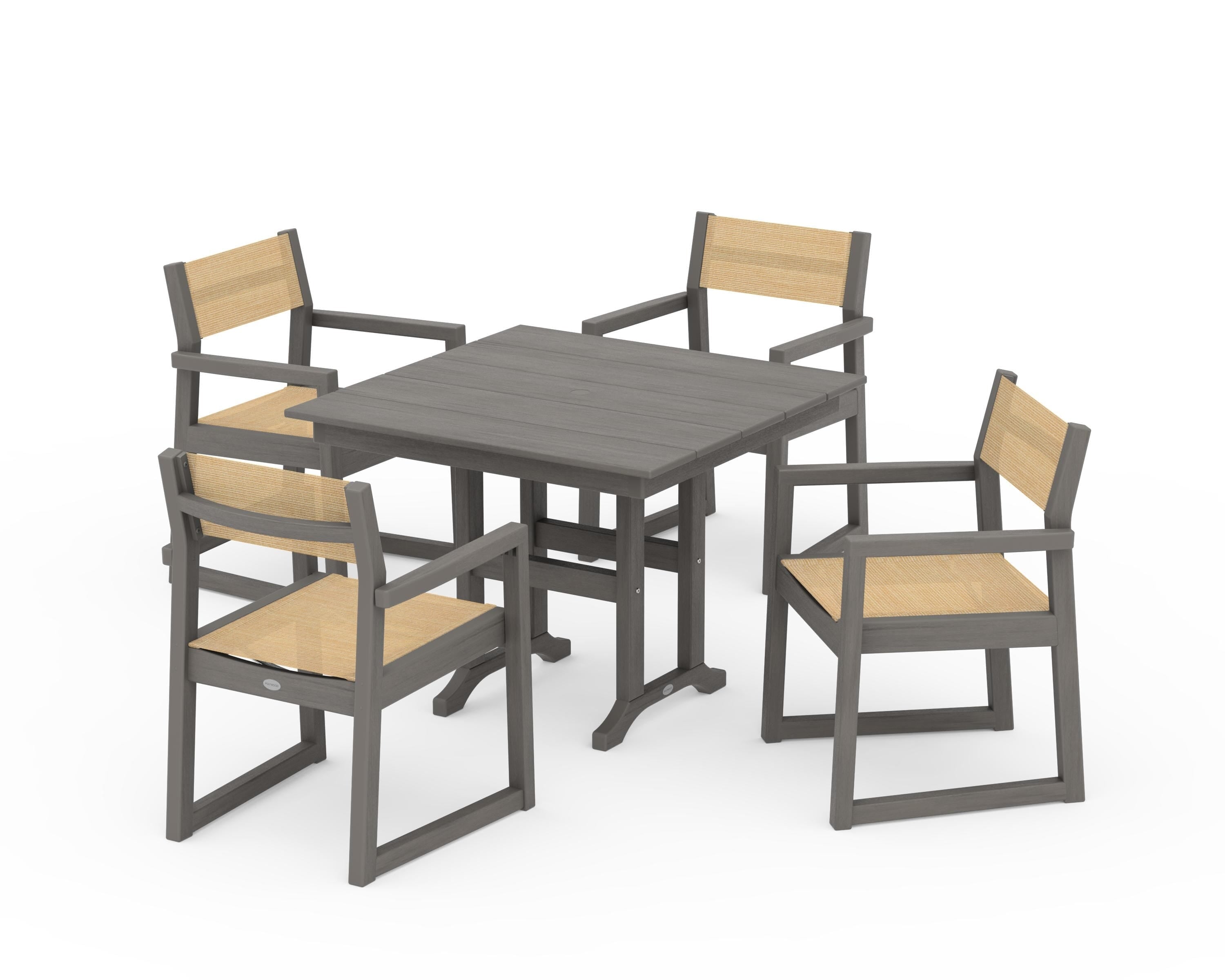 POLYWOOD EDGE Sling Arm Chair 5-Piece Farmhouse Dining Set in Driftwood / Dupioni Apricot Sling