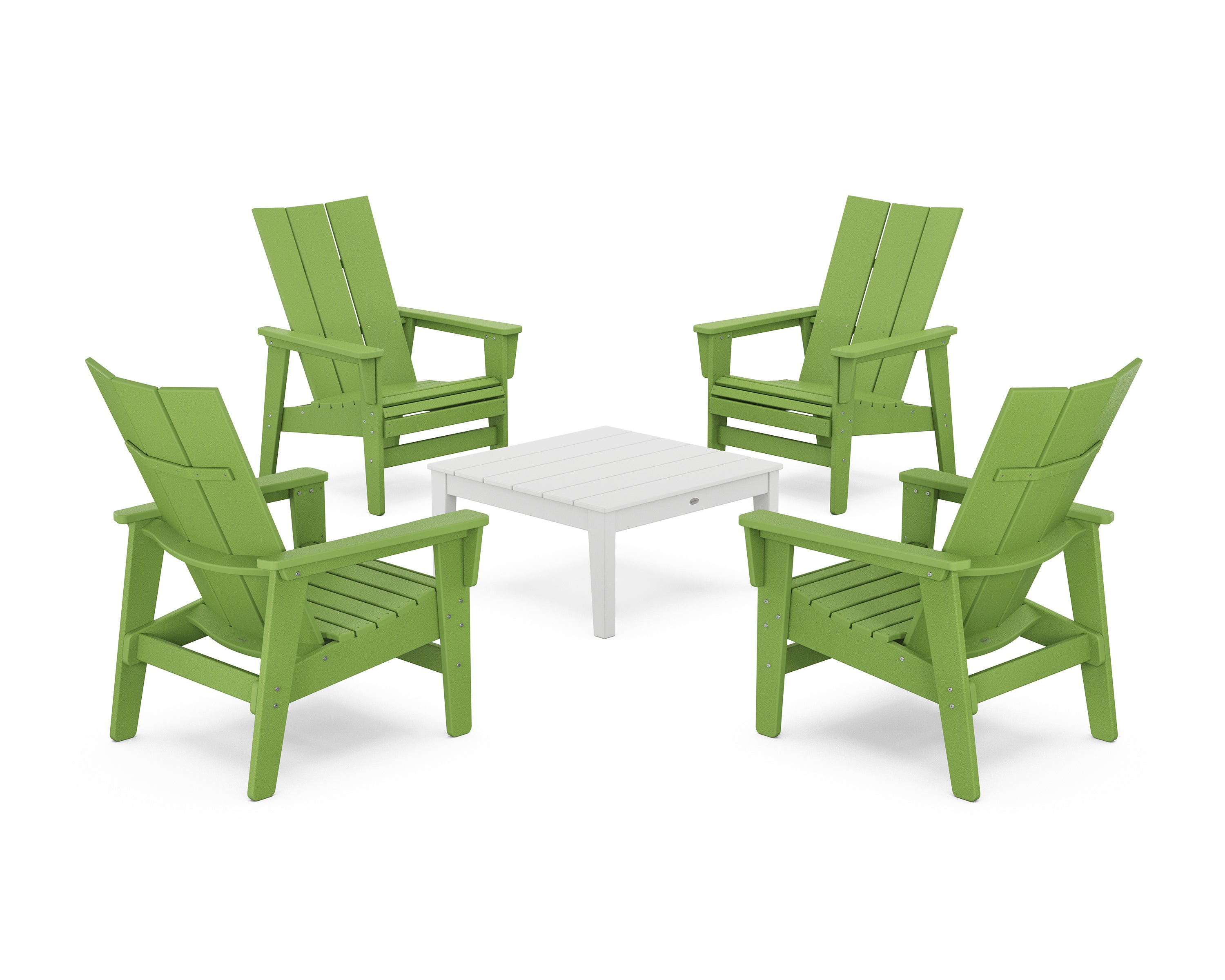 POLYWOOD® 5-Piece Modern Grand Upright Adirondack Chair Conversation Group in Lime / White