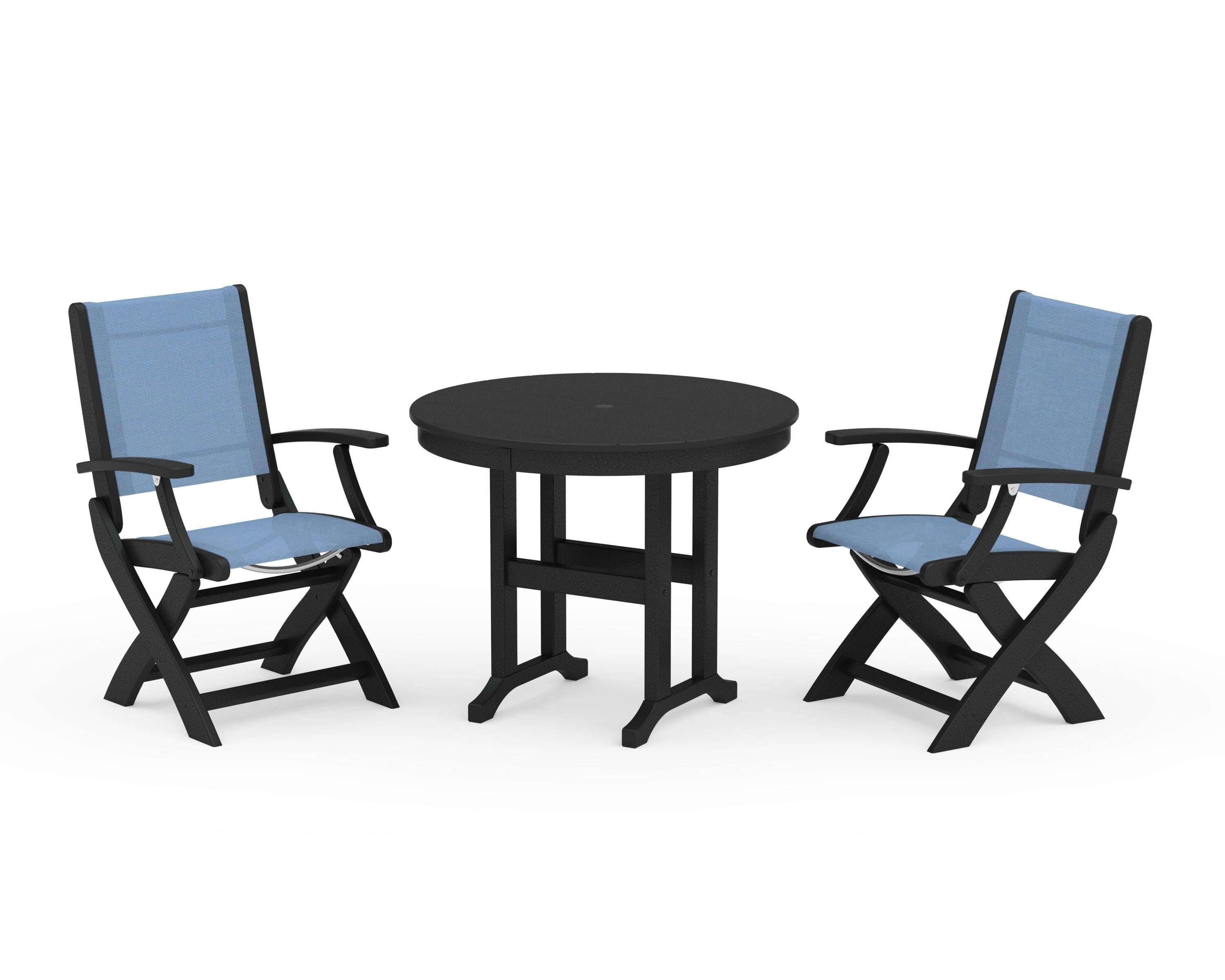 POLYWOOD Coastal Folding Chair 3-Piece Round Dining Set in Black / Poolside Sling
