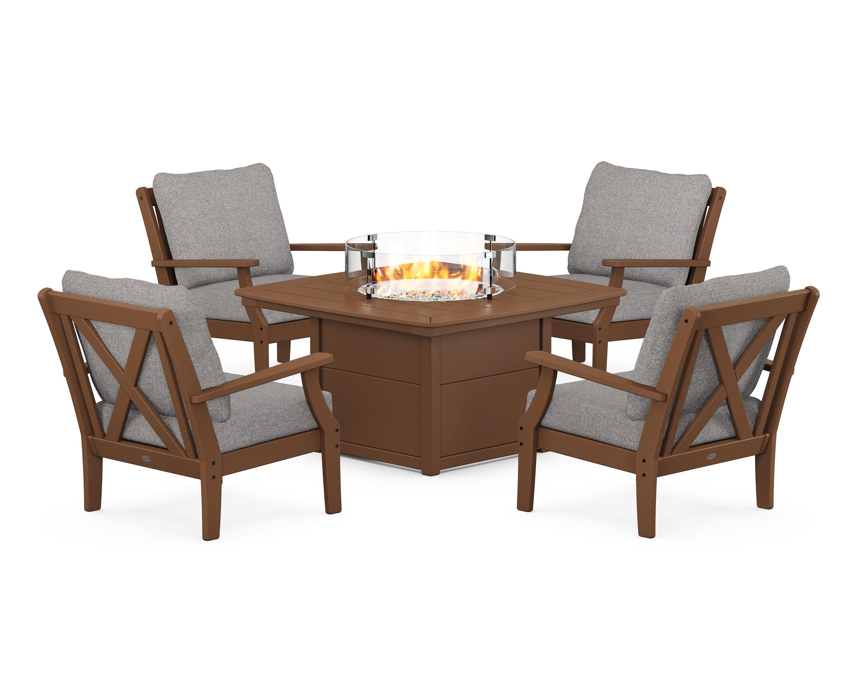 POLYWOOD Braxton 5-Piece Deep Seating Conversation Set with Fire Pit Table in Teak / Grey Mist