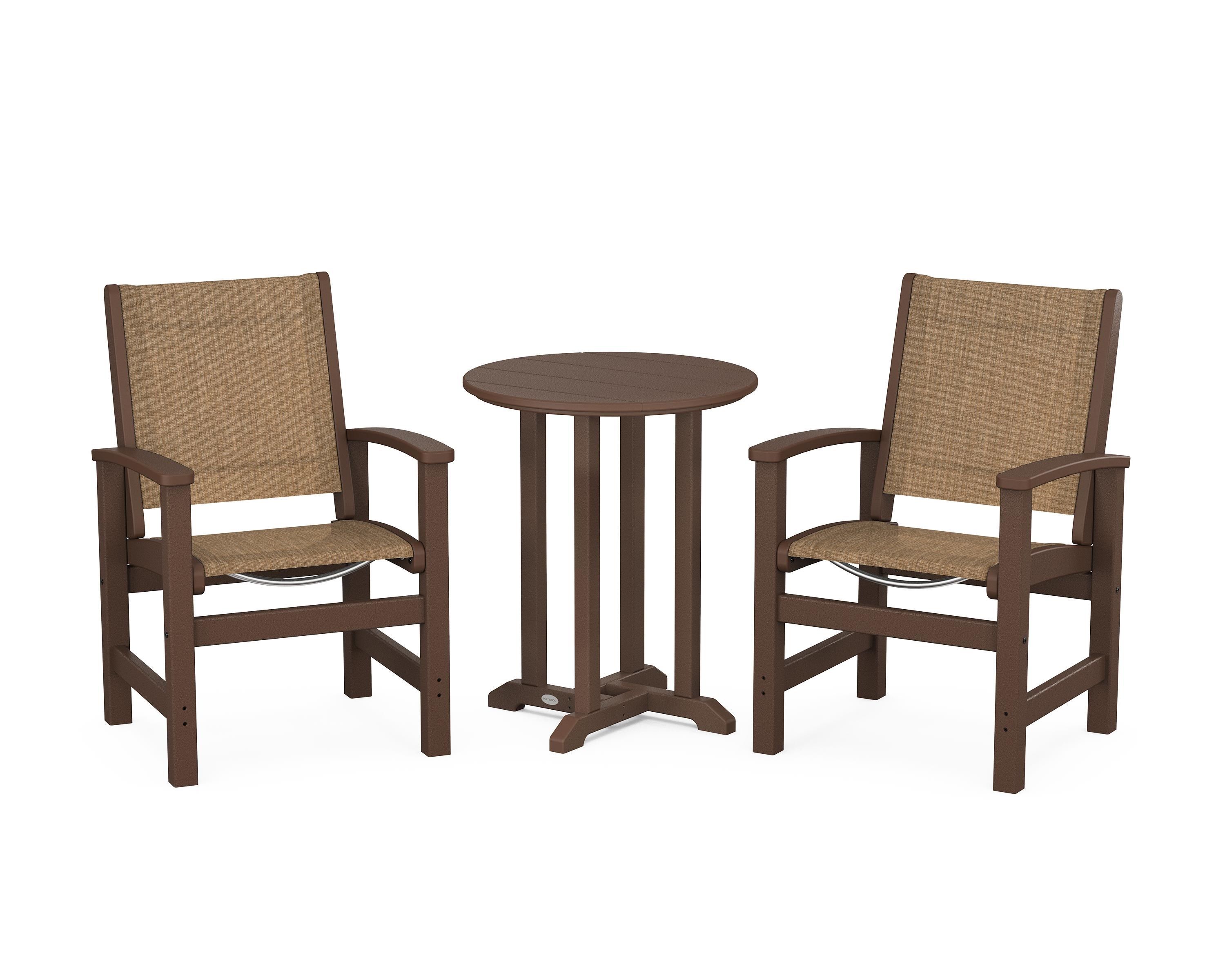 POLYWOOD Coastal 3-Piece Round Bistro Dining Set in Mahogany / Burlap Sling