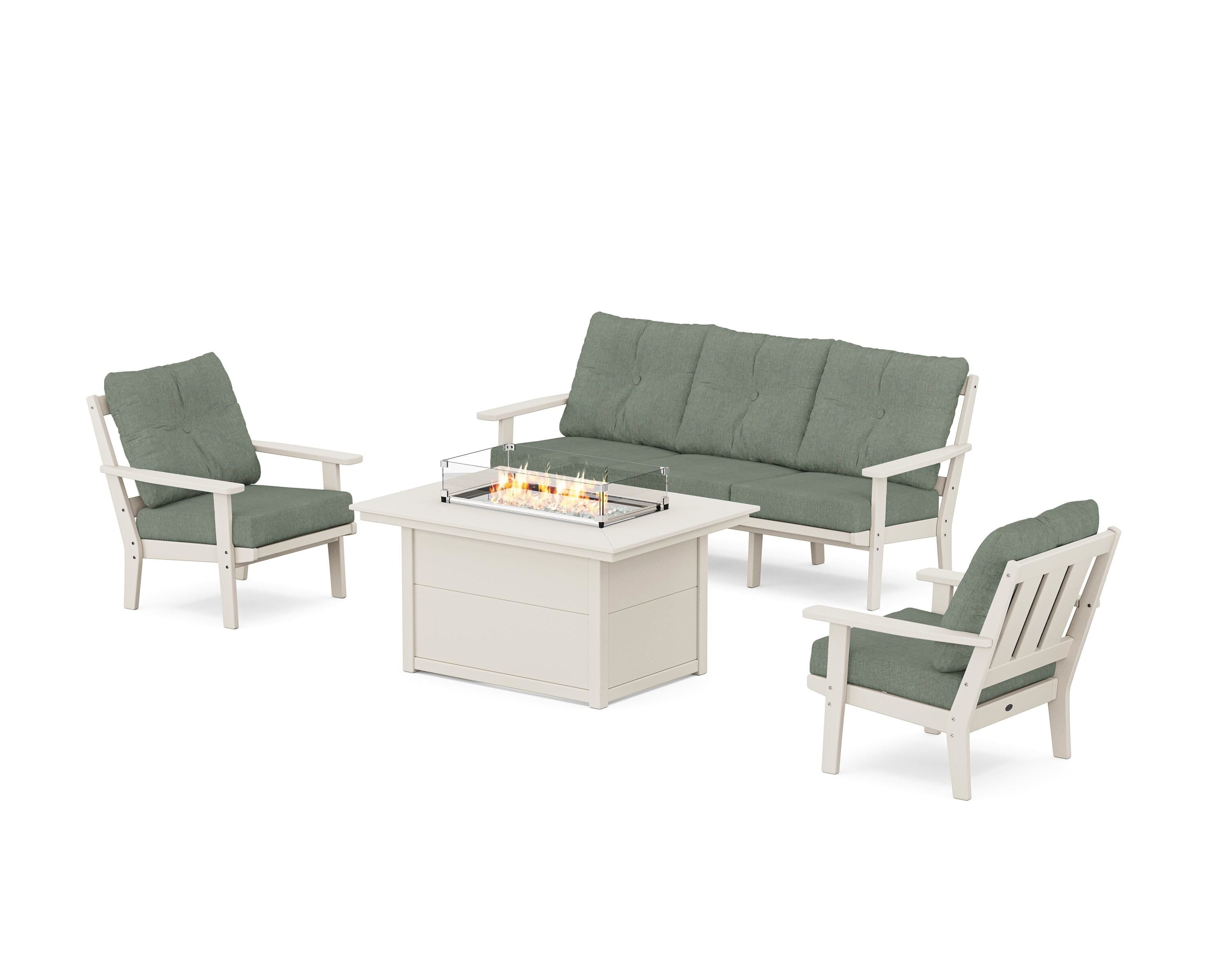POLYWOOD Oxford Deep Seating Fire Pit Table Set in Sand / Cast Sage