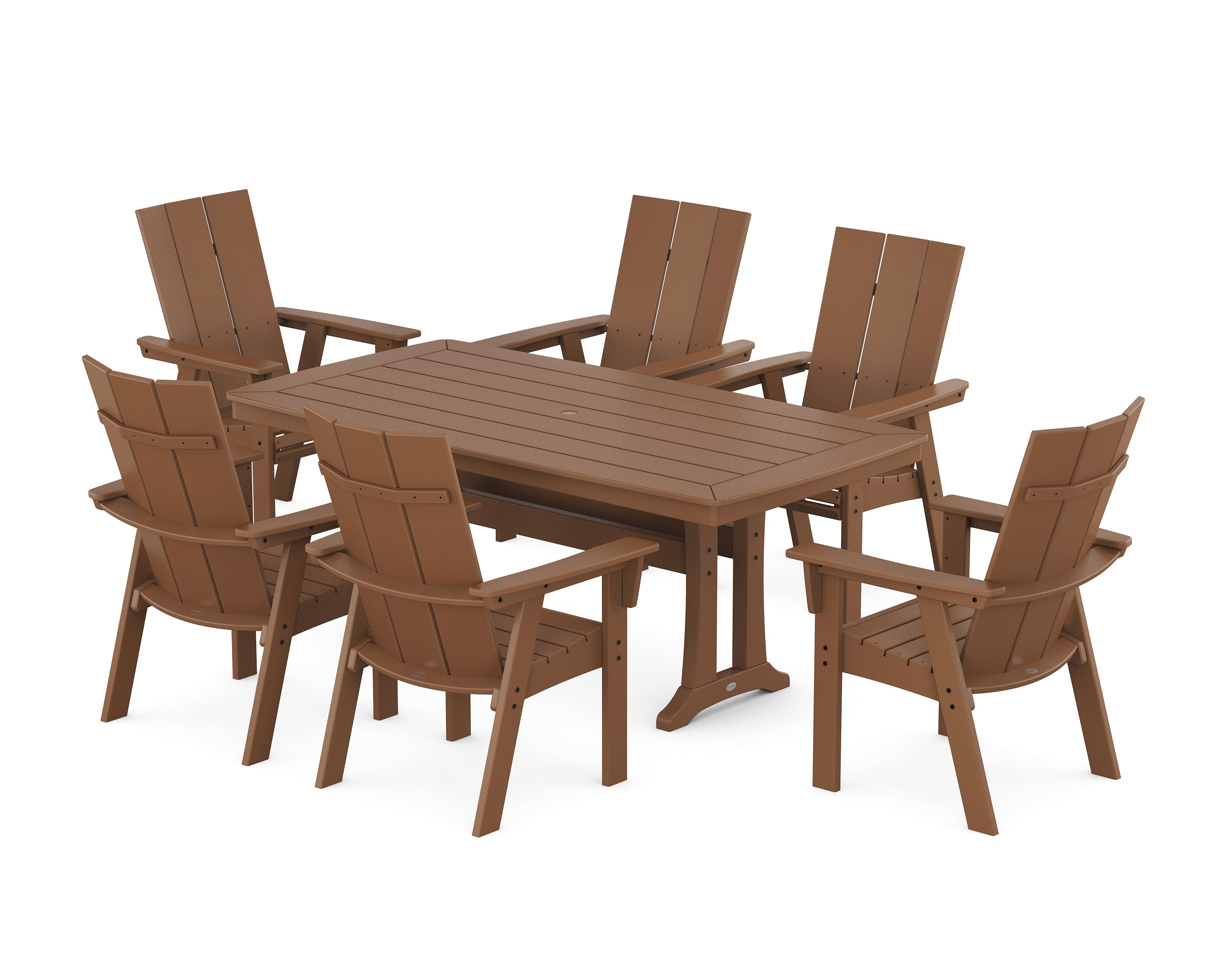 POLYWOOD Modern Curveback Adirondack 7-Piece Dining Set with Trestle Legs in Teak