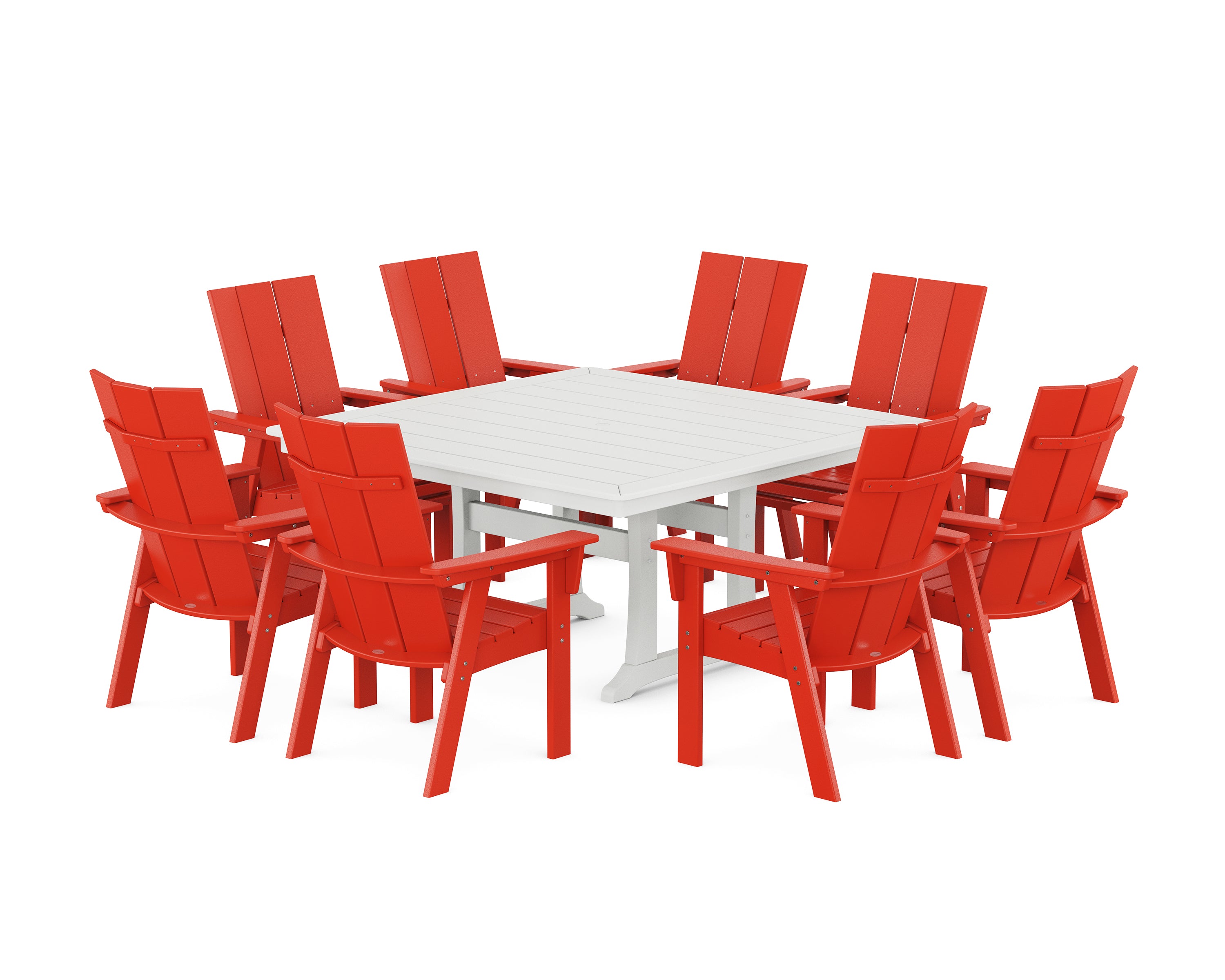 POLYWOOD Modern Curveback Adirondack 9-Piece Square Dining Set with Trestle Legs in Sunset Red / White