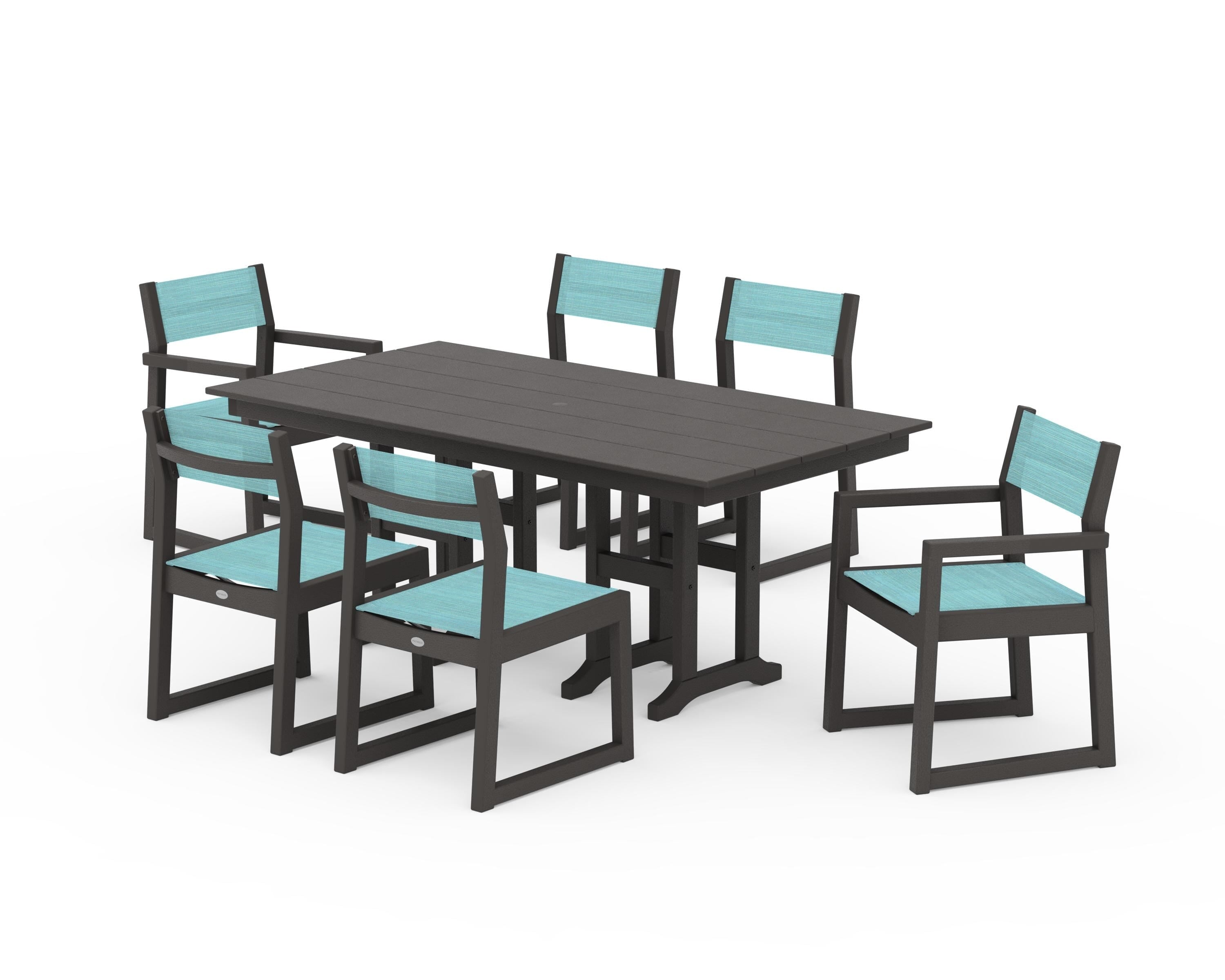 POLYWOOD EDGE Sling 7-Piece Farmhouse Dining Set in Vintage Coffee / Dupioni Aquamarine Sling
