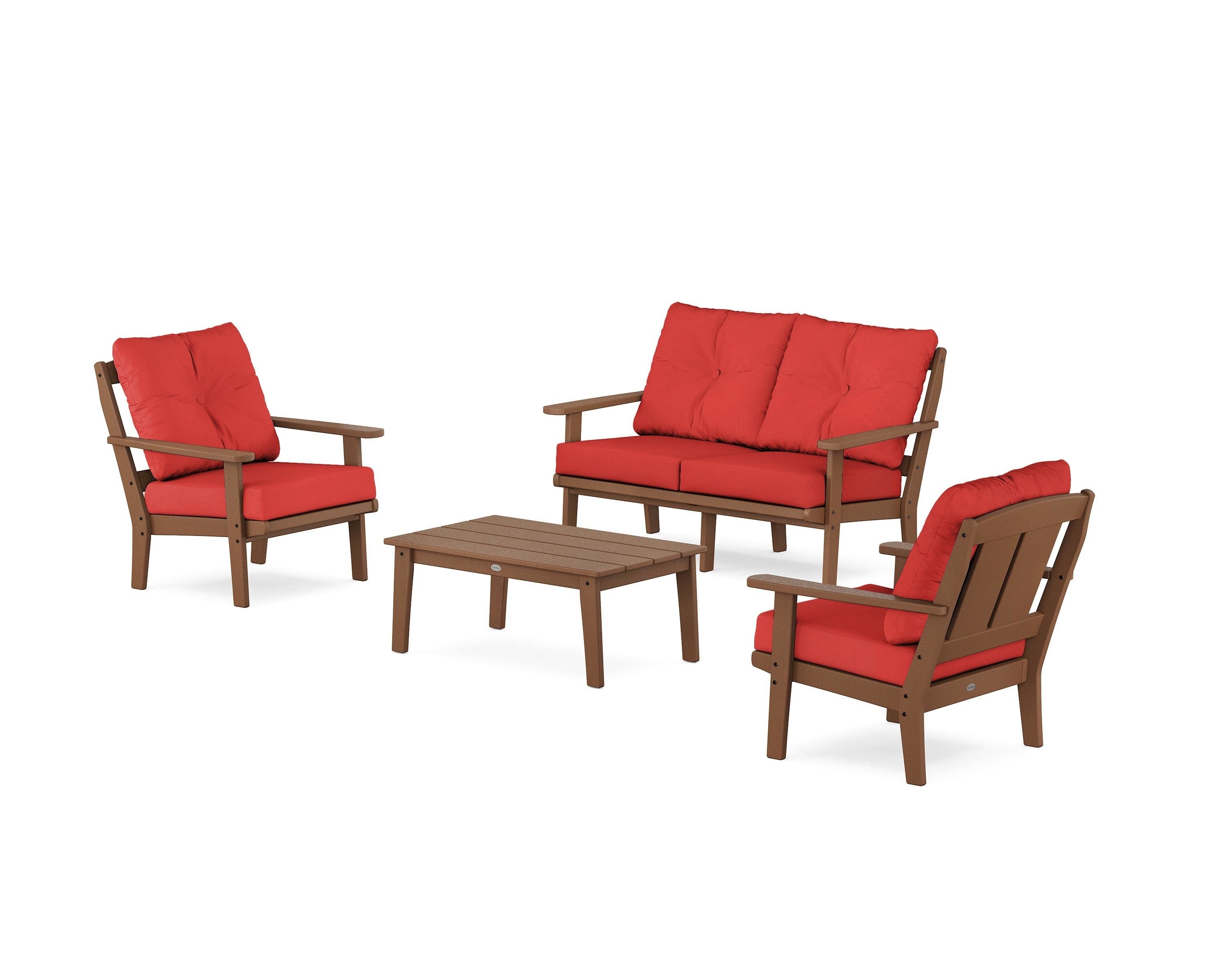 POLYWOOD Mission 4-Piece Deep Seating Set with Loveseat in Teak / Crimson Linen