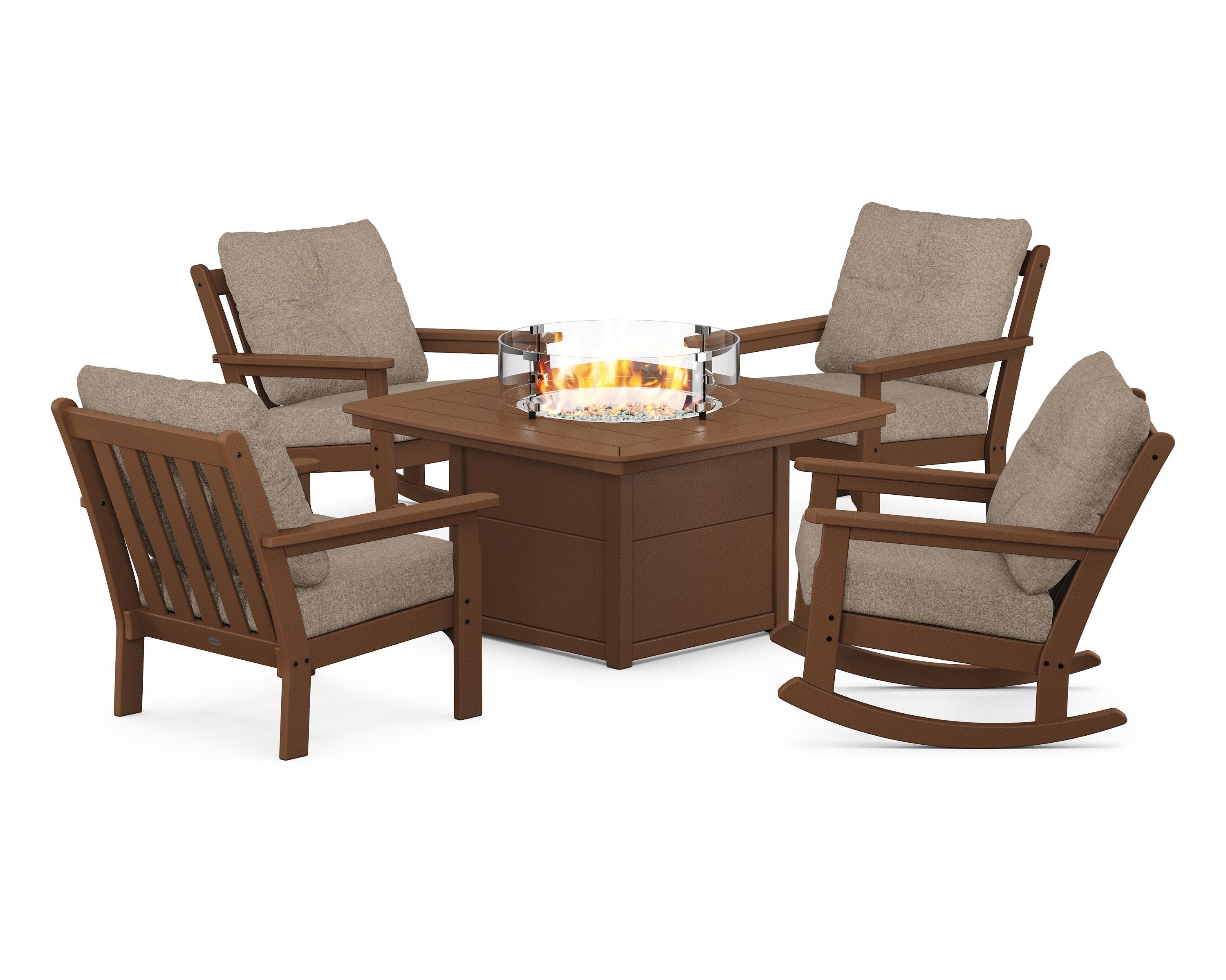 POLYWOOD Vineyard 5-Piece Deep Seating Rocking Chair Conversation Set with Fire Pit Table in Teak / Spiced Burlap