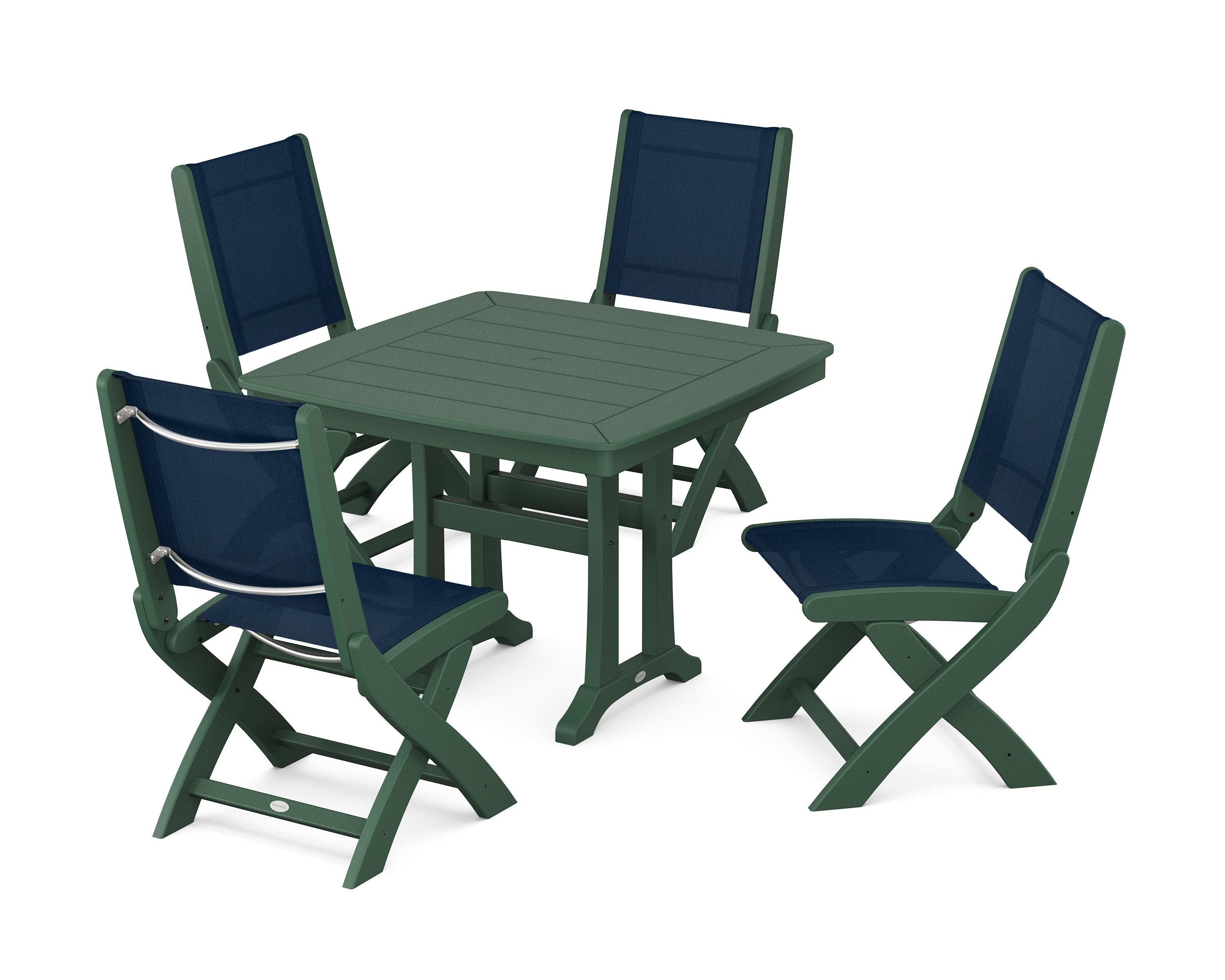 POLYWOOD Coastal Folding Side Chair 5-Piece Dining Set with Trestle Legs in Green / Navy Blue Sling