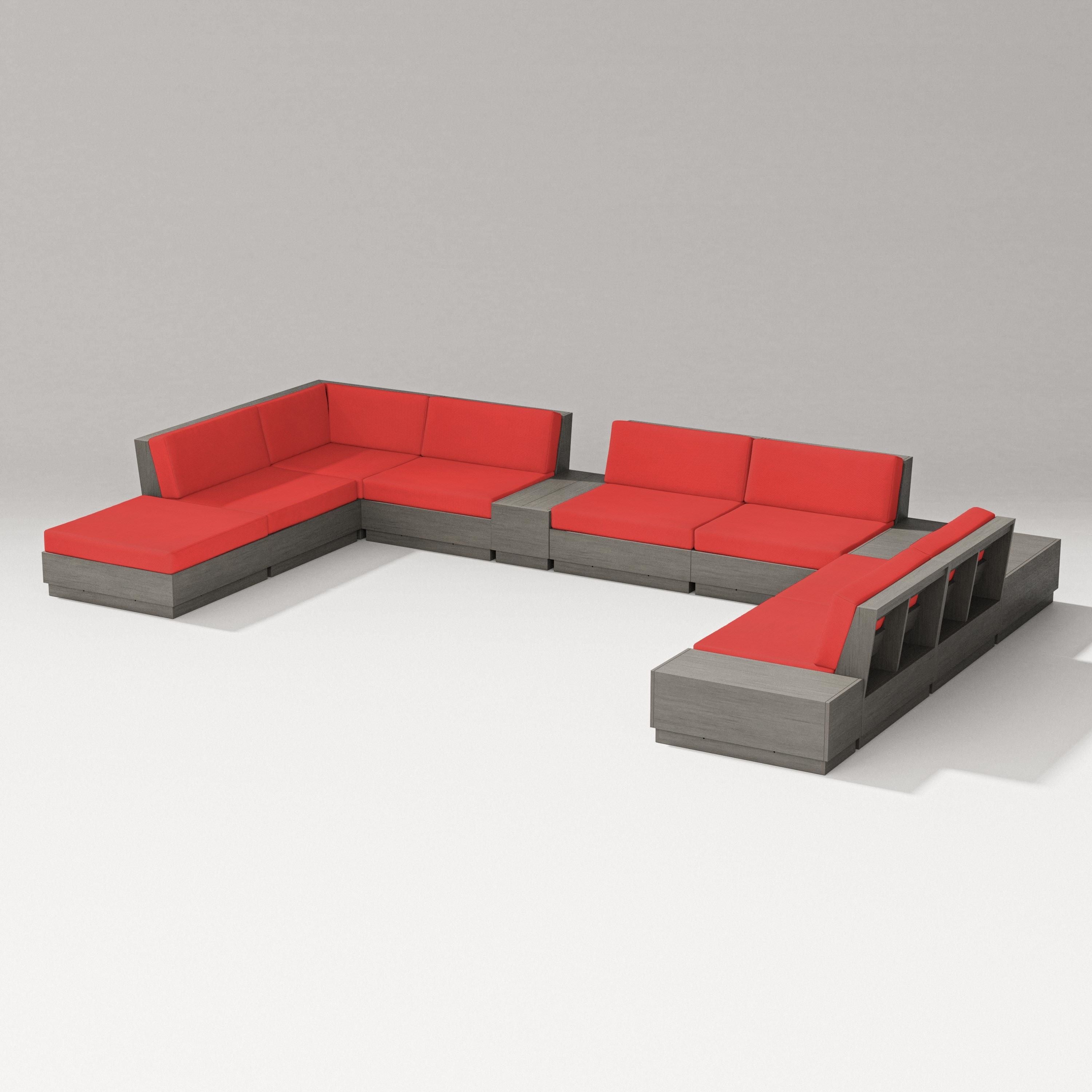 PW Designer Series Elevate 11-Piece Conversation Sectional Set in Driftwood / Crimson Linen