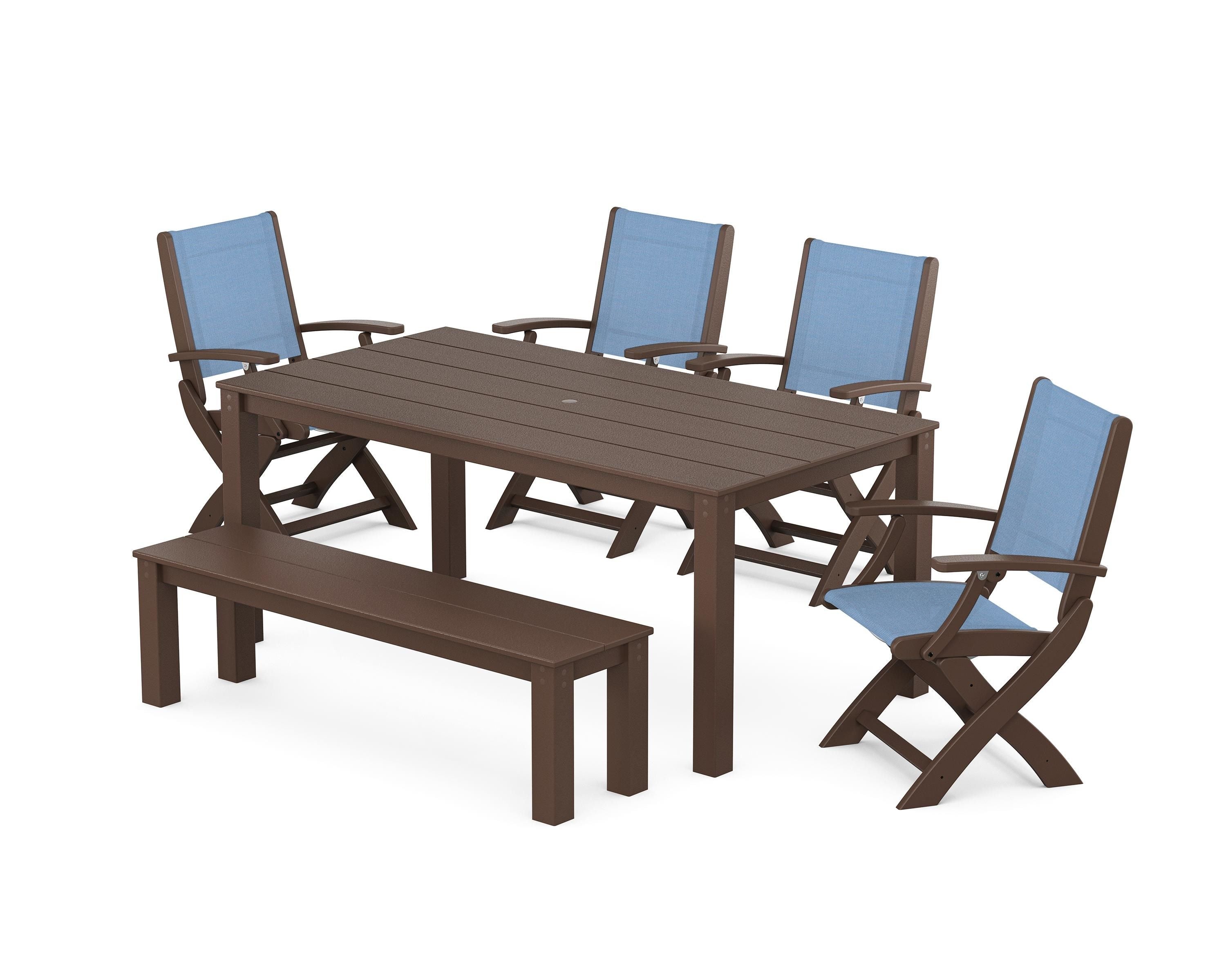 POLYWOOD Coastal Folding Chair 6-Piece Parsons Dining Set with Bench in Mahogany / Poolside Sling