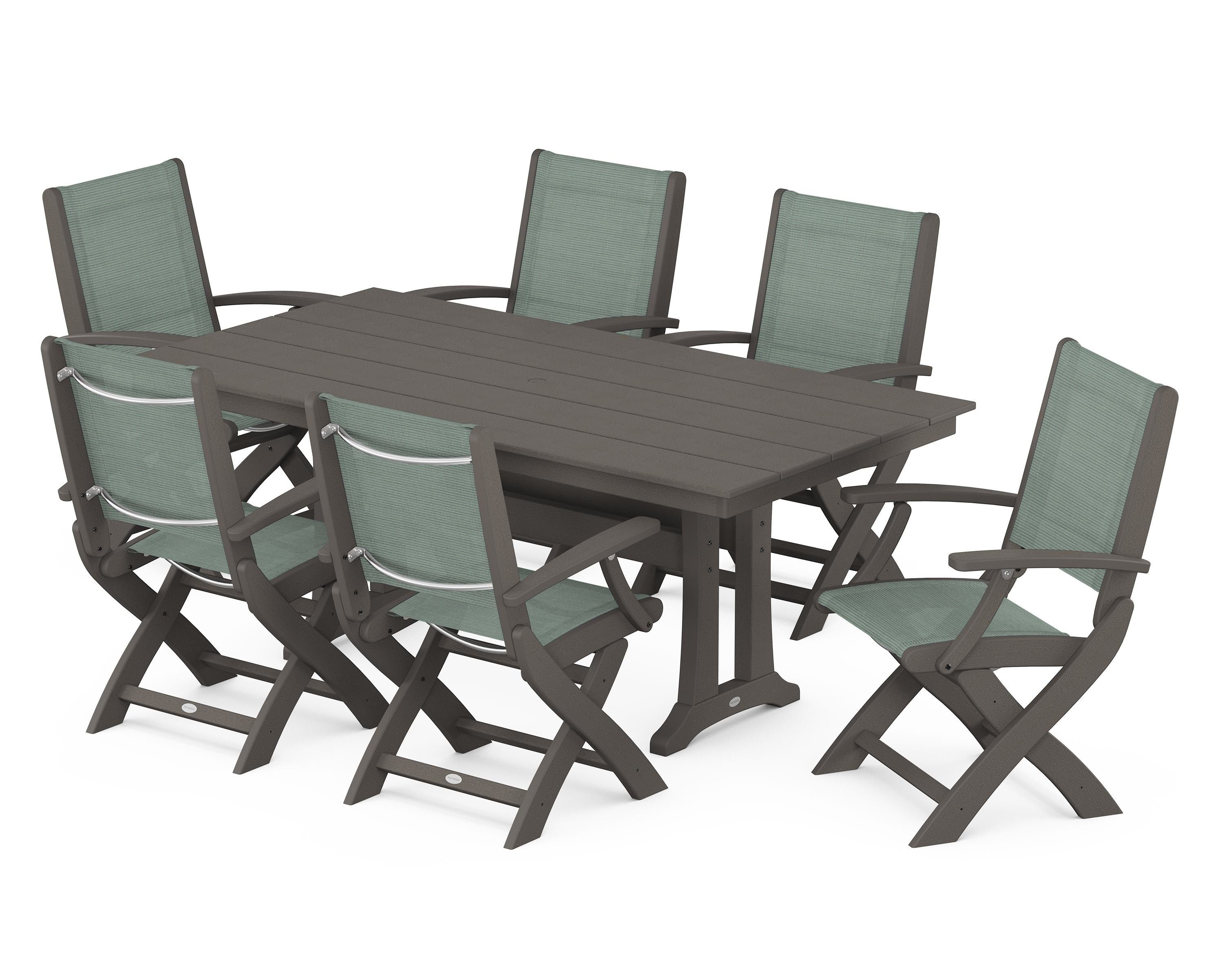 POLYWOOD Coastal Folding Arm Chair 7-Piece Farmhouse Dining Set with Trestle Legs in Vintage Coffee / Dupioni Sea Mist Sling