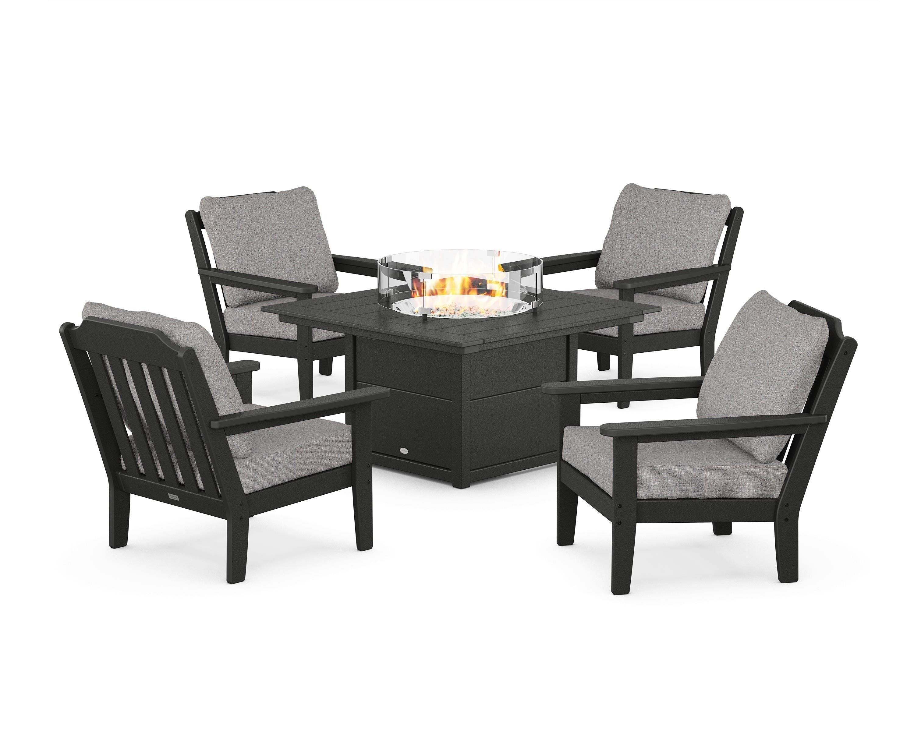 Country Living Cottage 5-Piece Deep Seating Set with Fire Pit Table in Black / Grey Mist