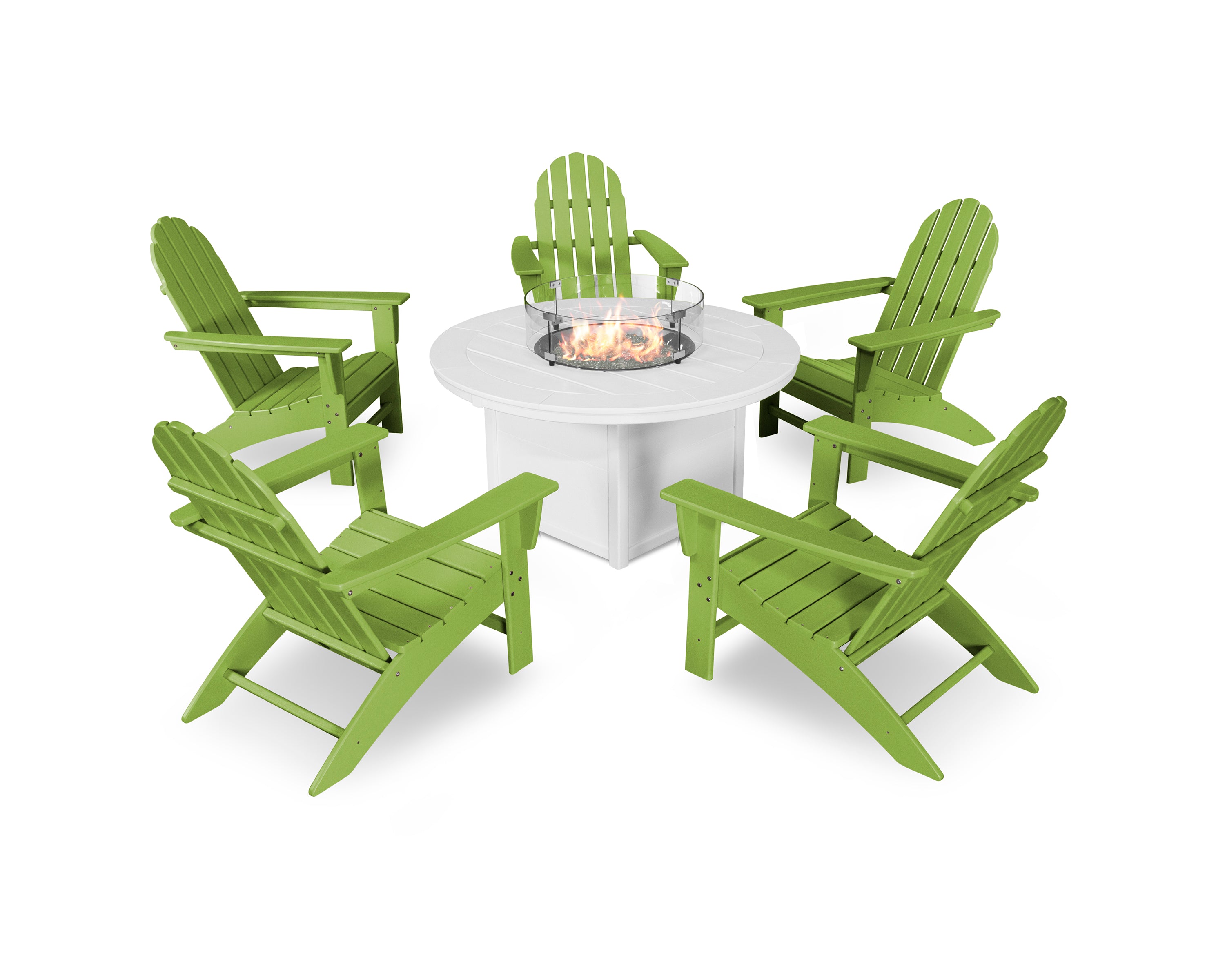 POLYWOOD® Vineyard Adirondack 6-Piece Chat Set with Fire Pit Table in Lime / White