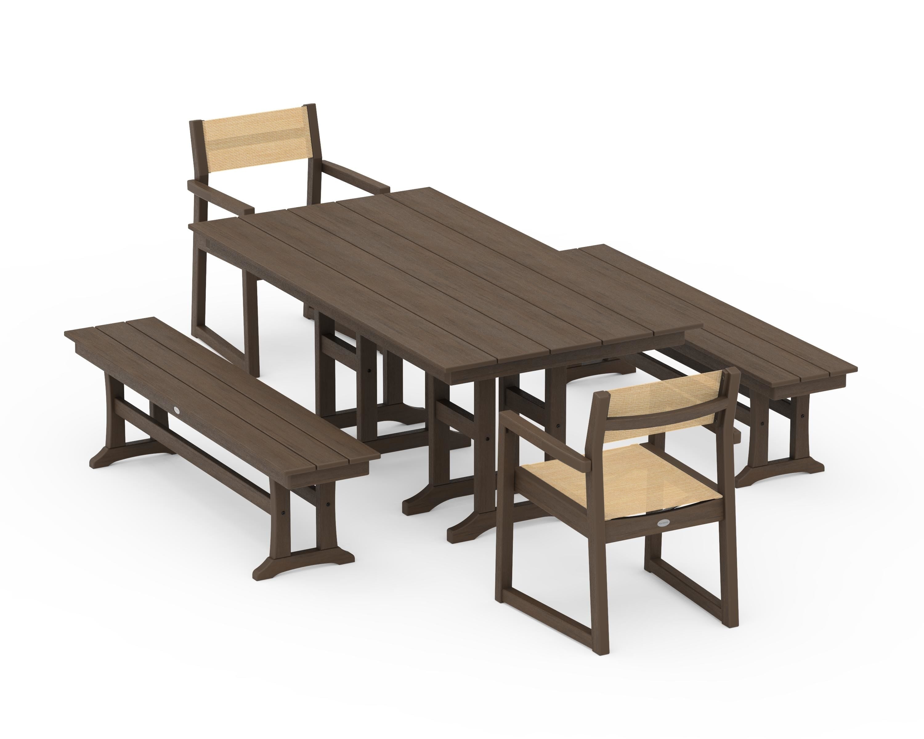 POLYWOOD EDGE Sling Arm Chair 5-Piece Farmhouse Dining Set with Benches in Kona / Dupioni Apricot Sling