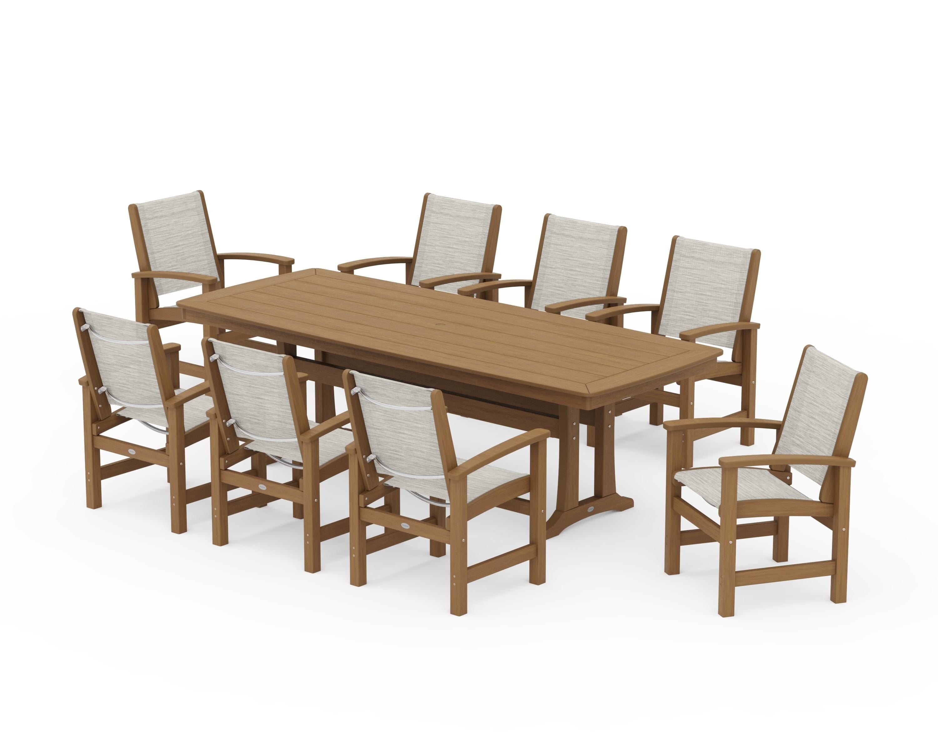 POLYWOOD Coastal 9-Piece Dining Set with Trestle Legs in Natural / Birch Sling