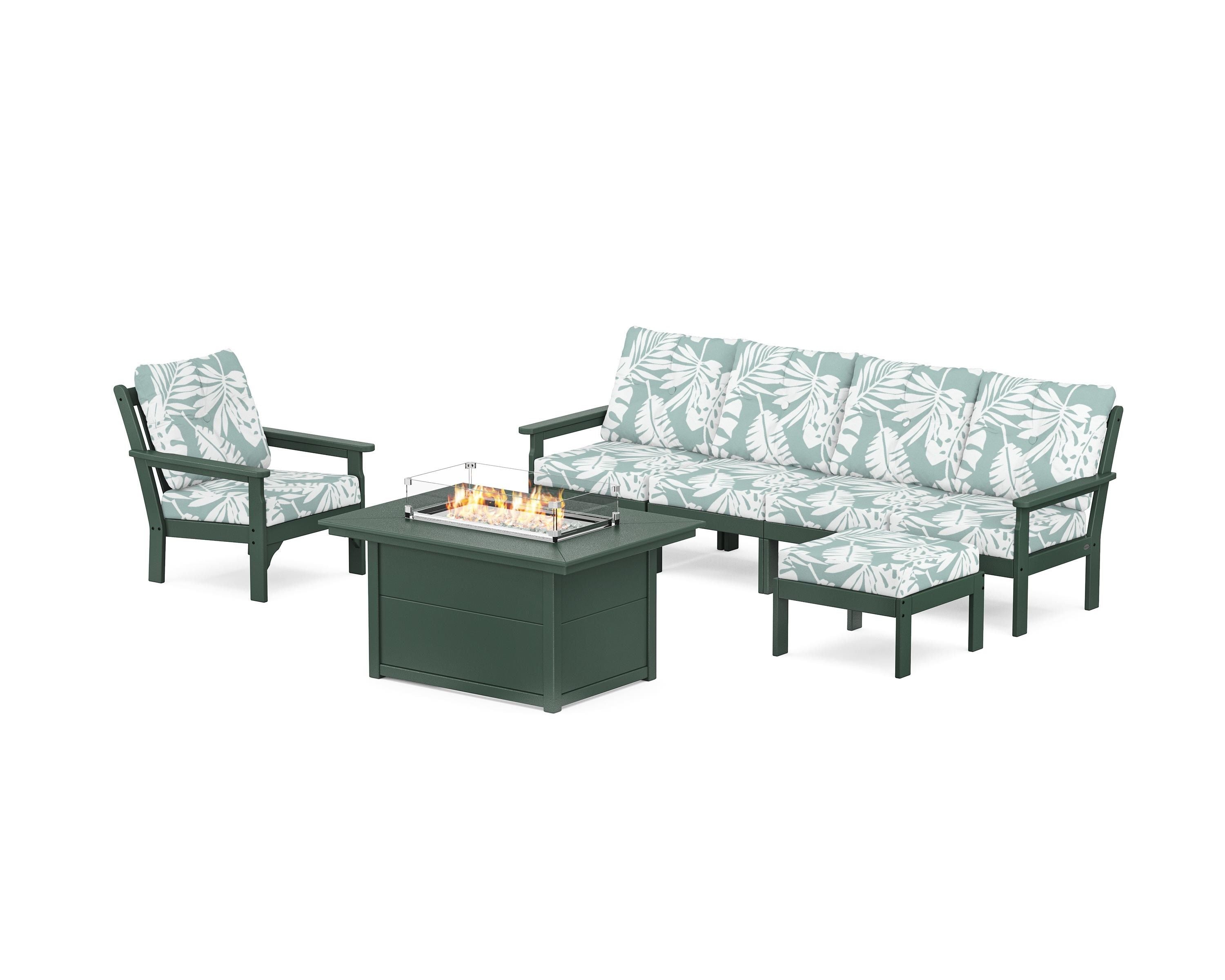 POLYWOOD Vineyard Sectional Lounge and Fire Pit Set in Green / Leaf Glacier Spa