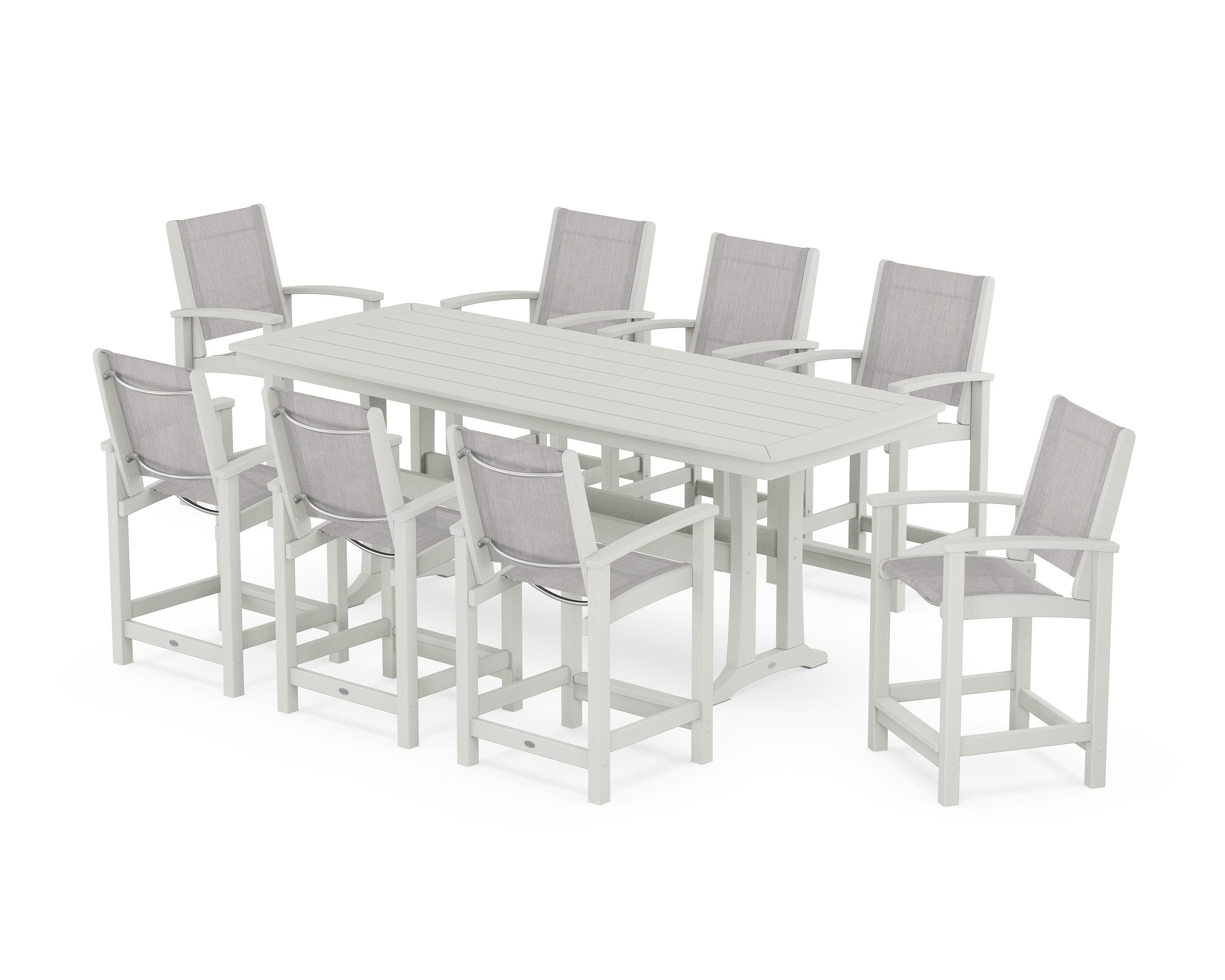 POLYWOOD Coastal 9-Piece Counter Set with Trestle Legs in Vintage White / Parchment Sling