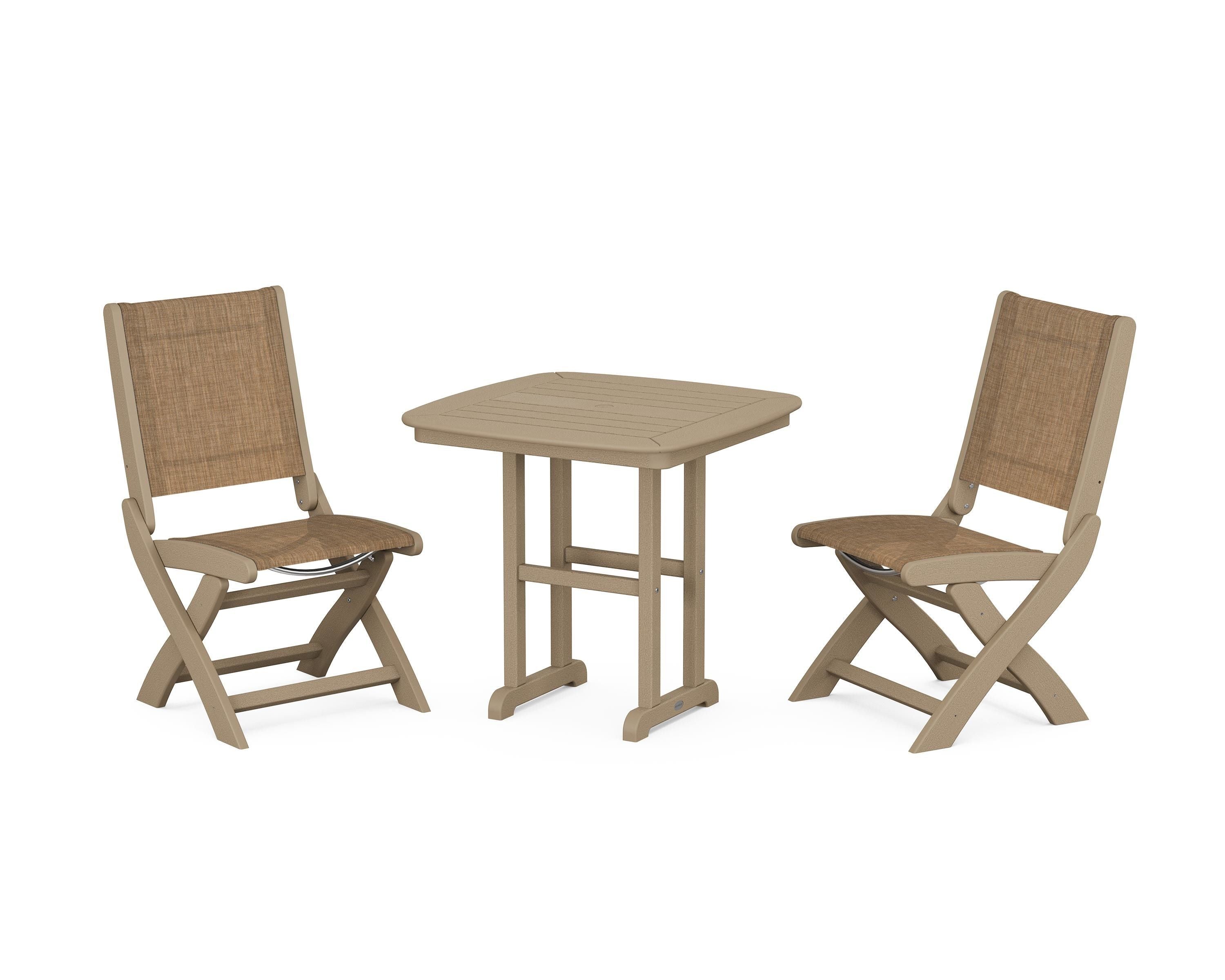 POLYWOOD Coastal Folding Side Chair 3-Piece Dining Set in Vintage Sahara / Burlap Sling
